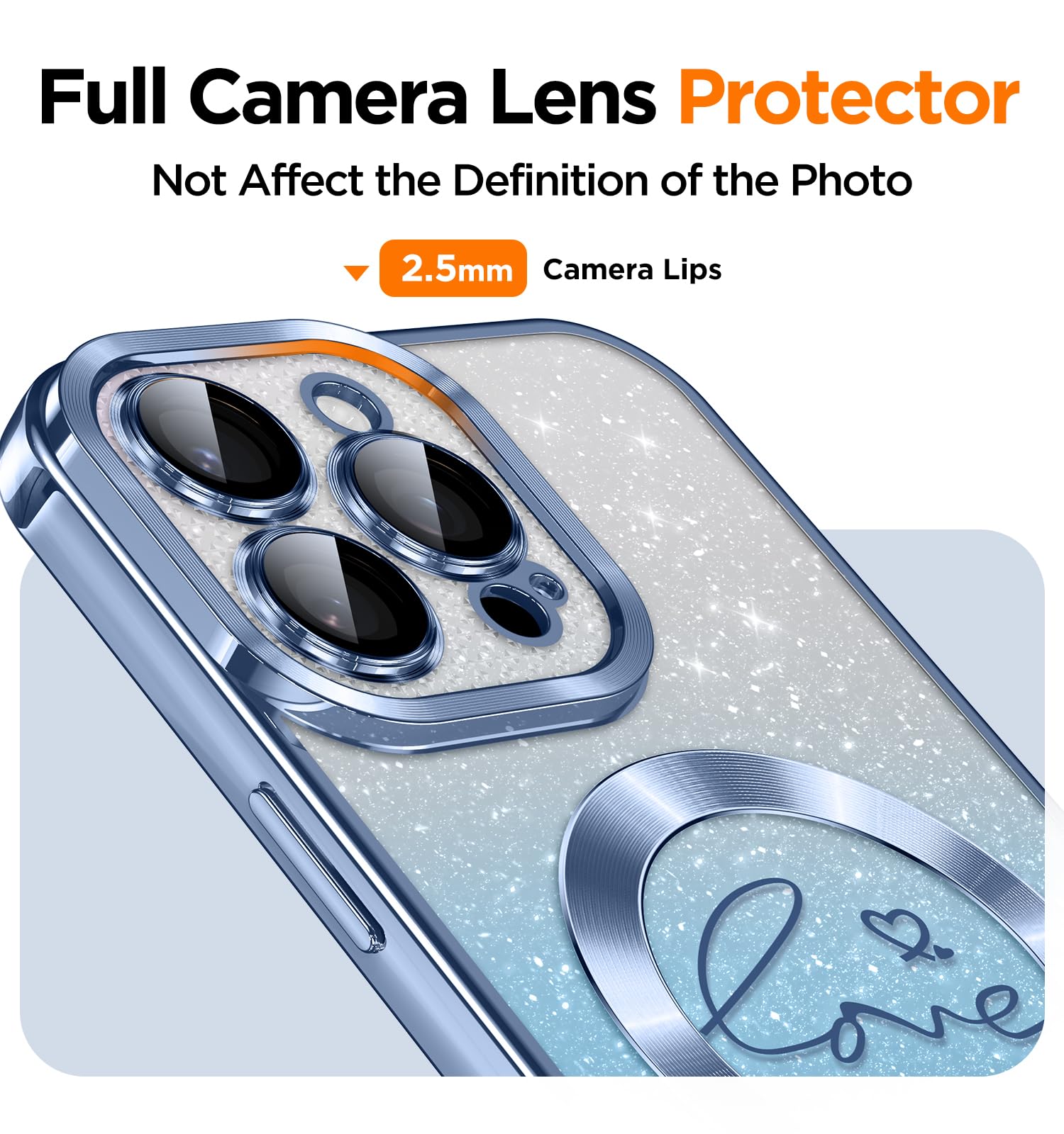 Magnetic Glitter iPhone 16 Pro Case with Full Camera Lens Protector | Compatible with MagSafe | Sparkly Love Hearts Design | Protective Phone Cover for Women & Girls (Blue) - Perfect for Everyday Use, Work, and Social Events