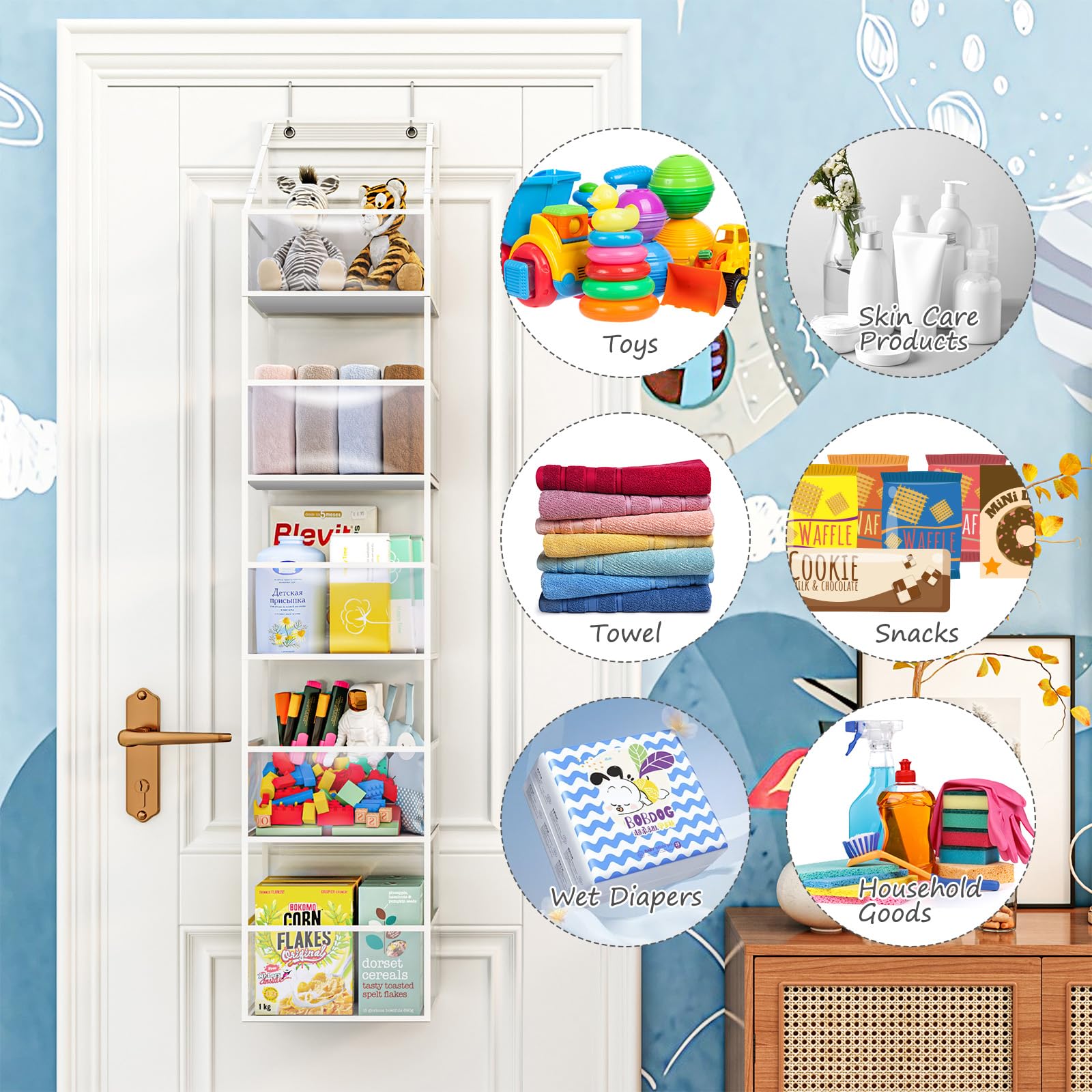 Fixwal 5-Tier Over The Door Hanging Pantry Organizer - Clear Plastic Pocket Storage Shelf for Closet, Bedroom, Bathroom & Nursery - Heavy Duty 25lb Capacity Space Saver - Perfect for Organizing Snacks, Toys, Toiletries & Household Essentials