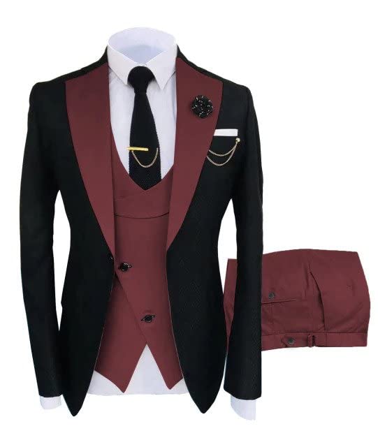Men's Burgundy 3-Piece Casual Dress Suit - Formal Blazer & Tuxedo Pants Set for Wedding, Prom, Business & Special Occasions