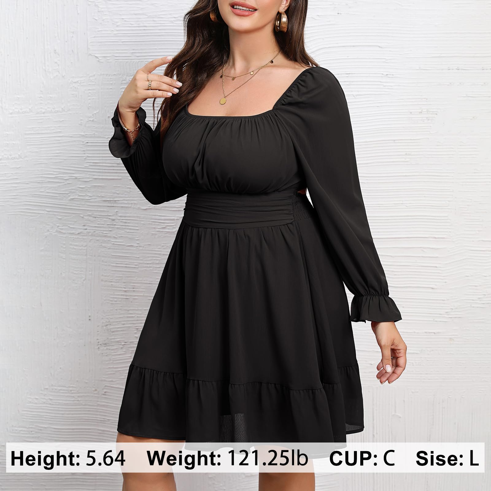 Byinns Women's 2024 Plus Size Tie Back Square Neck Mini Dress with Long Lantern Sleeves & Elastic Waist - Wedding Guest, Party, Cocktail, Summer Dress for Casual & Formal Occasions