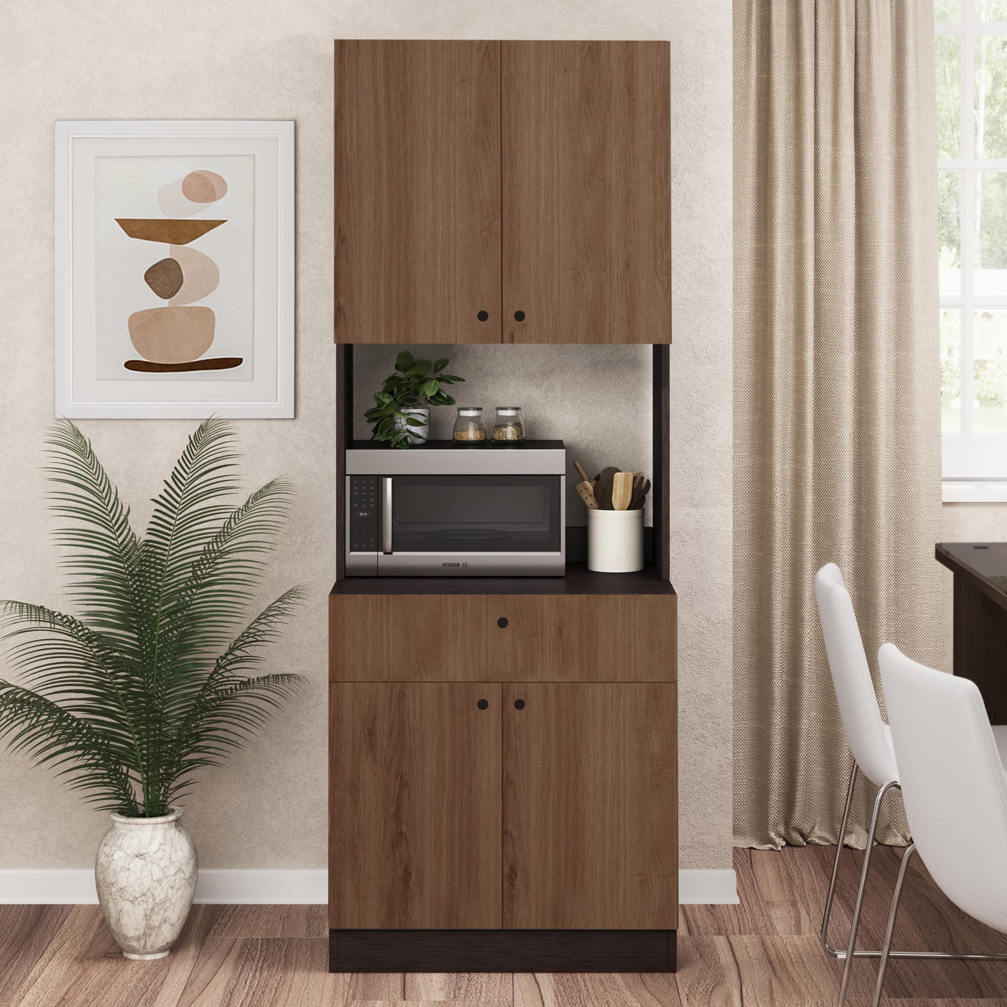 Living Skog Kitchen Storage Cabinet with Shelves & Microwave Stand - Pantry Organizer, China Cabinet & Hutch in Dark Cherry Brown - Perfect for Small Kitchens, Dining Rooms & Home Organization