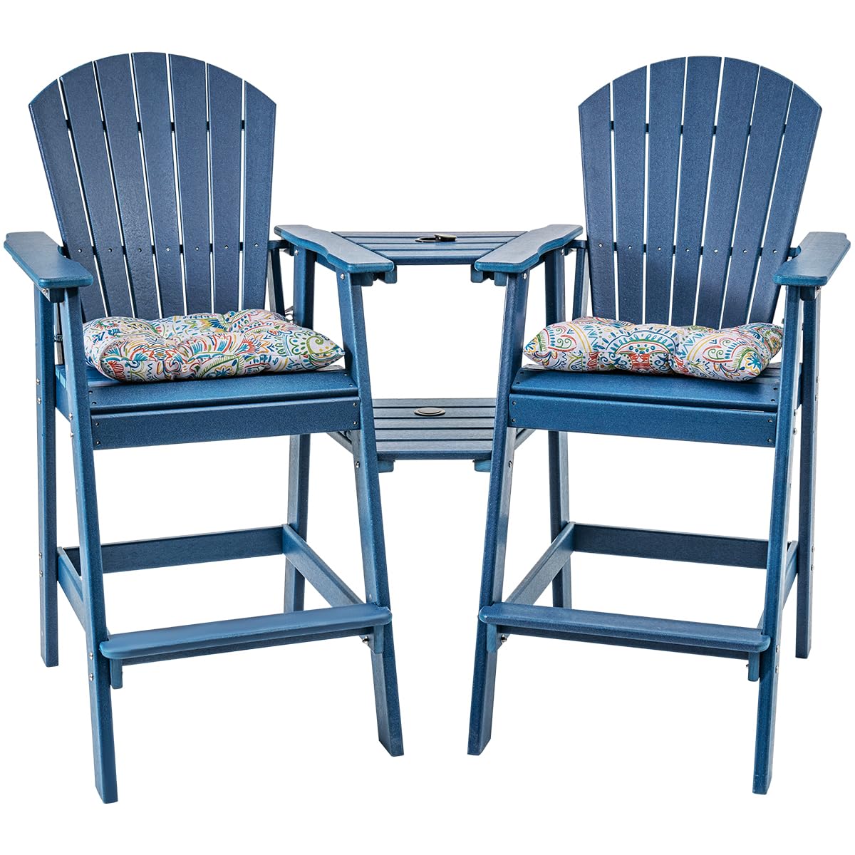 Sundale Outdoor 3-Piece Adirondack Bar Set with Patio Umbrella Table & 2 Counter-Height Bar Chairs - Navy Blue HDPE Pub Table & Stools w/ 2 Umbrella Hole Caps | Perfect for Backyard, Deck, Poolside & Outdoor Dining