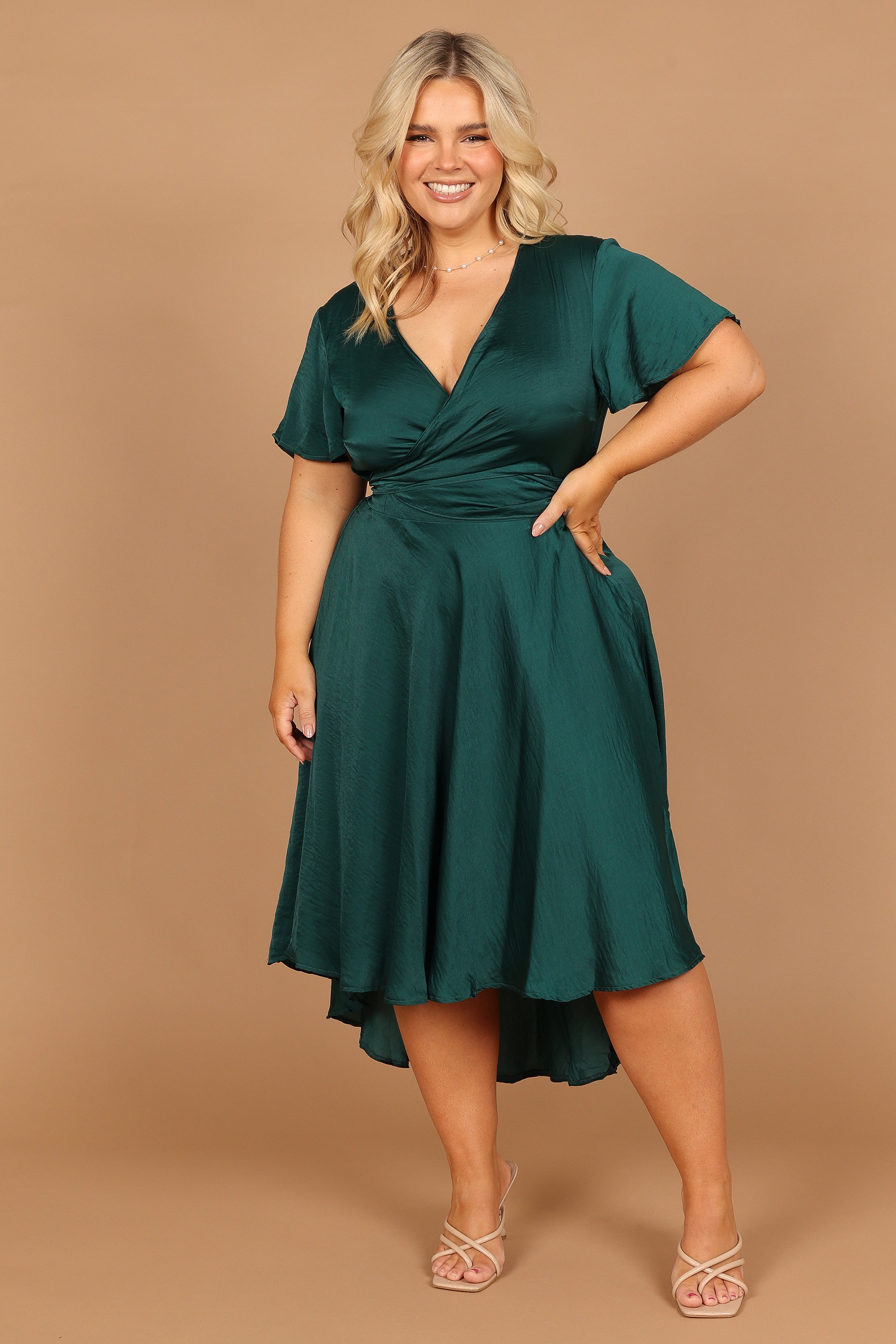 Amanda Women's Hi-Lo Tie Front Dress in Emerald Green - Perfect for Casual Outings, Parties & Special Occasions