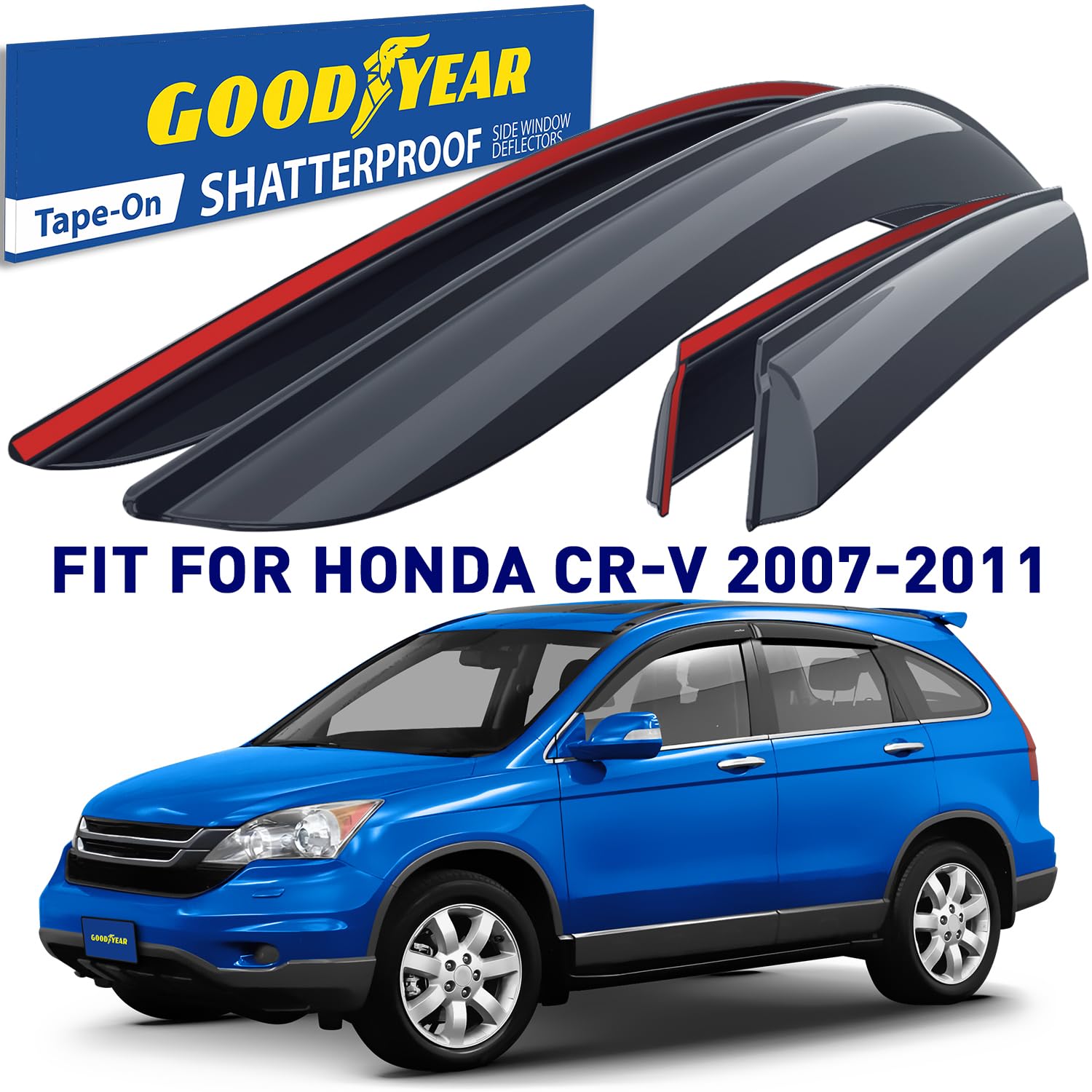 Goodyear Shatterproof Side Window Deflectors for Honda CR-V (CRV) 2007-2011 - 4pc Tape-on Rain Guards & Vent Visors - Car Window Deflectors for Weather Protection & Improved Airflow - Perfect for Rainy Days & Highway Driving