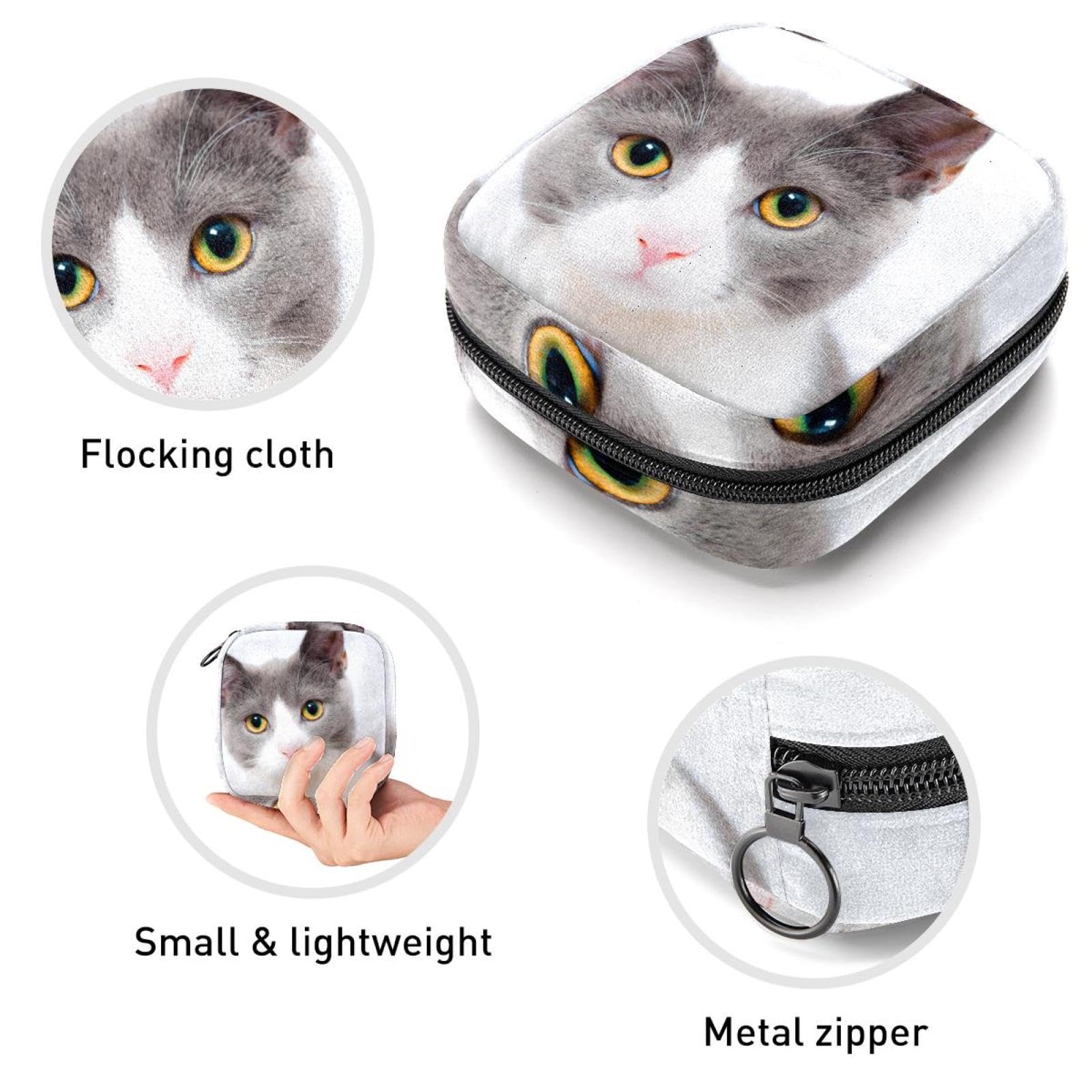 **Menstrual Cup & Pad Organizer Bag - Portable Hygienic Pouch for Women & Girls - White Cat Design - Perfect for Travel, Gym, and Daily Use**