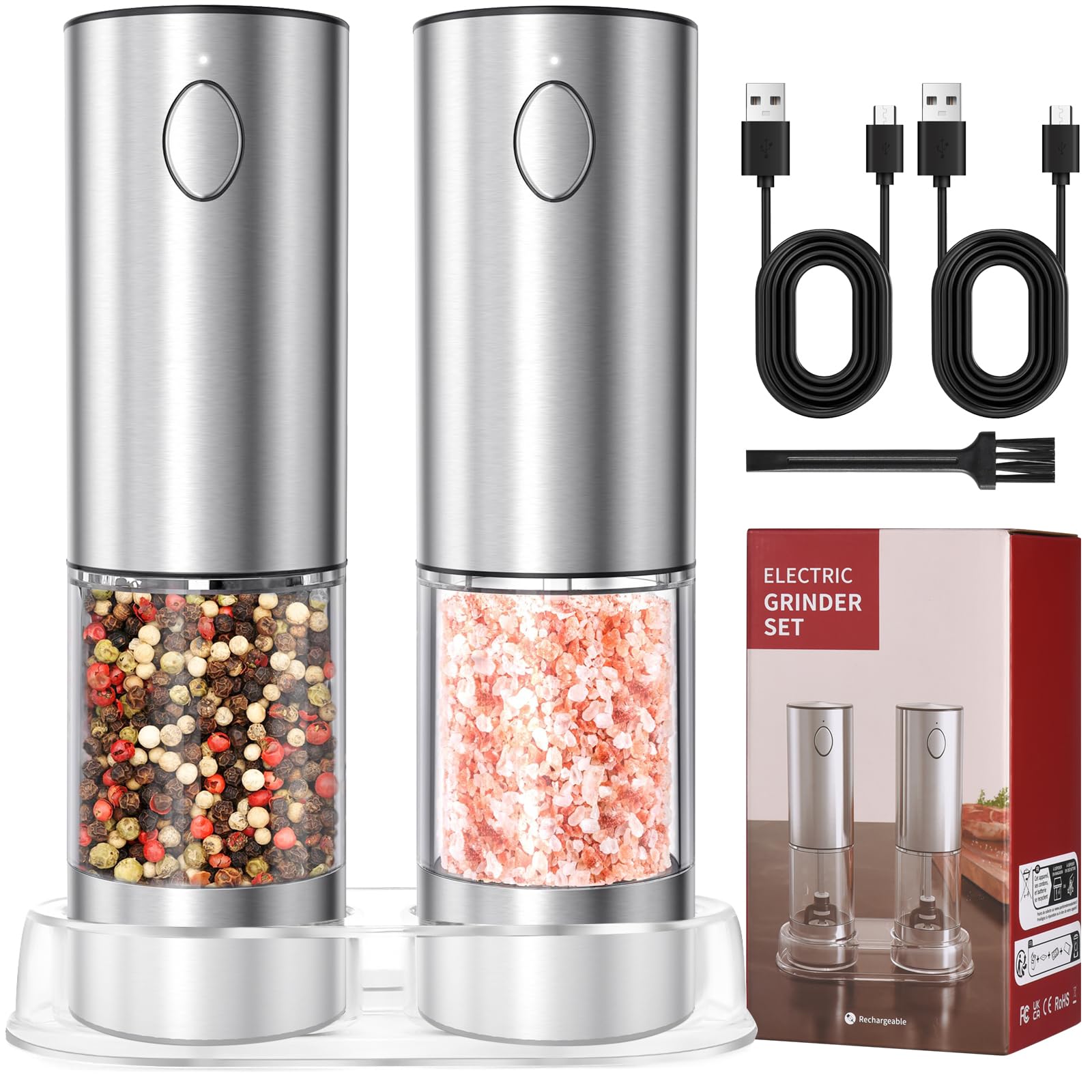 Upgraded Rechargeable Electric Salt and Pepper Grinder Set - 2 Pack Stainless Steel Mills with LED Light, Adjustable Coarseness & One-Hand Operation - Large Capacity Spice Grinders with Storage Base - Perfect for Kitchen, Dining Table, Camping & Gifts (Silver)