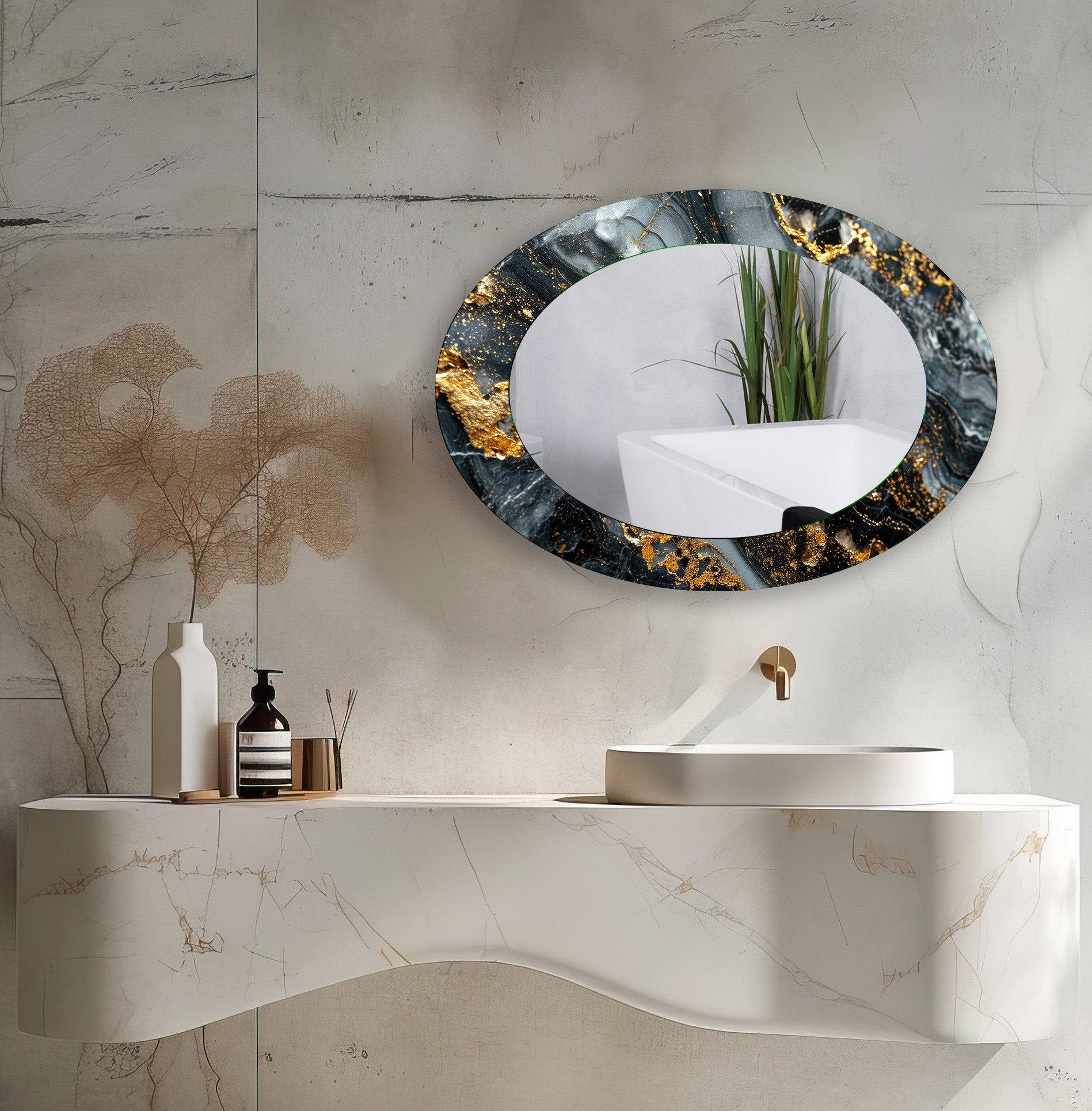 Elegant Black and Gold Abstract Oval Wall Mirror - Modern Home Decor for Living Room, Bedroom, or Entryway