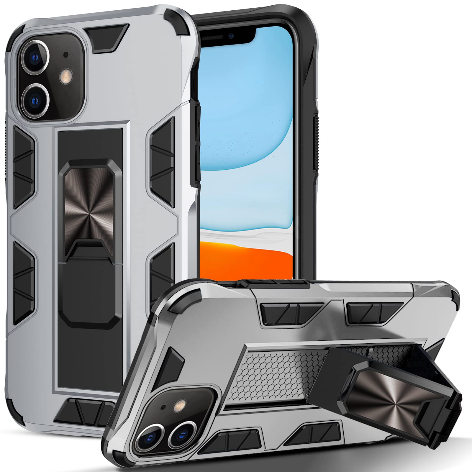 DOSNTO iPhone 11 Case with Kickstand - Heavy Duty Shockproof Protective Cover with Silicone Bumper & Airbag Technology (Silver) - Perfect for Work, Travel & Outdoor Activities