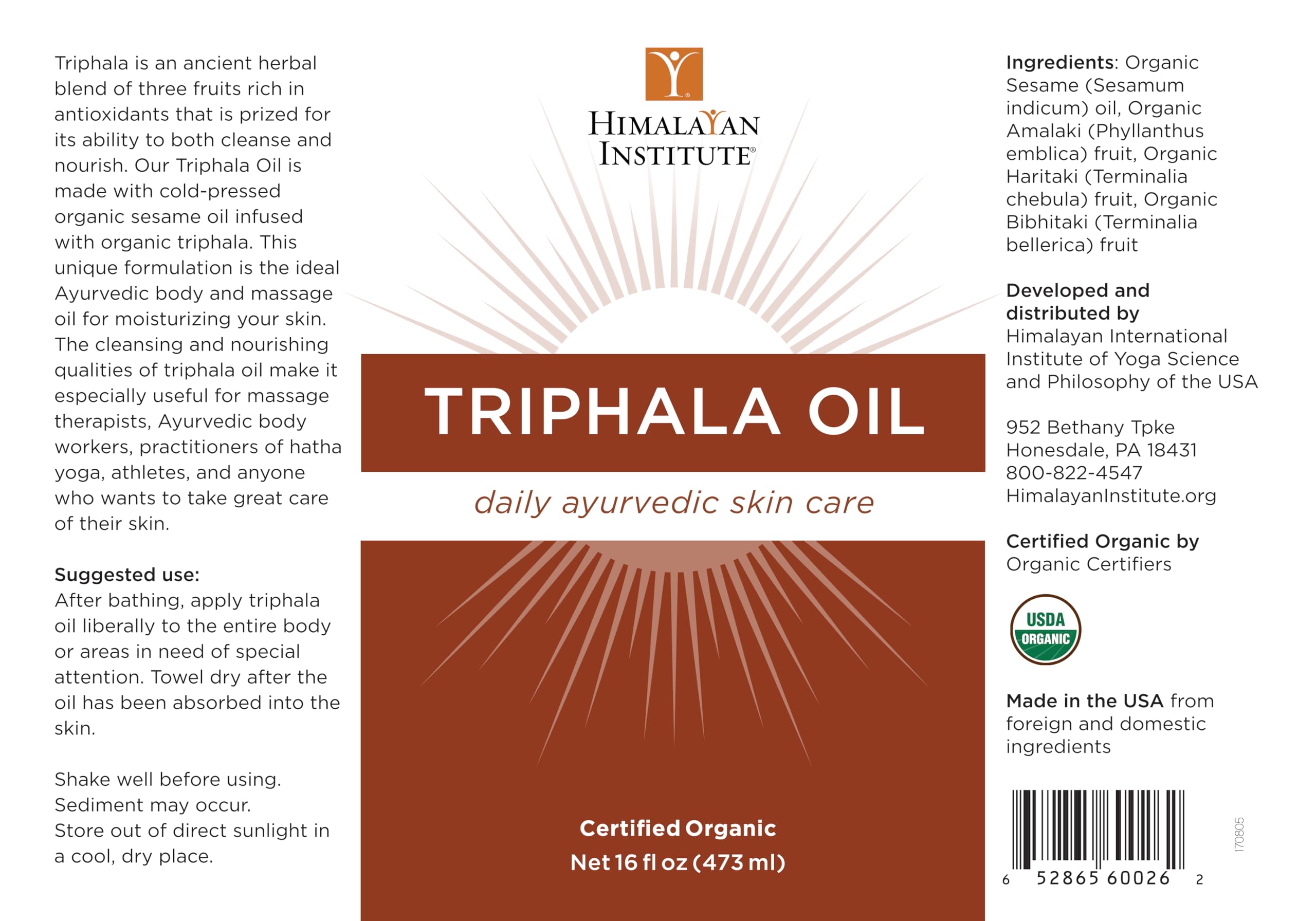 Himalayan Institute Organic Triphala Oil - 16 fl oz (473ml) | Ayurvedic Herbal Supplement for Digestion & Detox | Perfect for Massage, Skin Care & Wellness Rituals