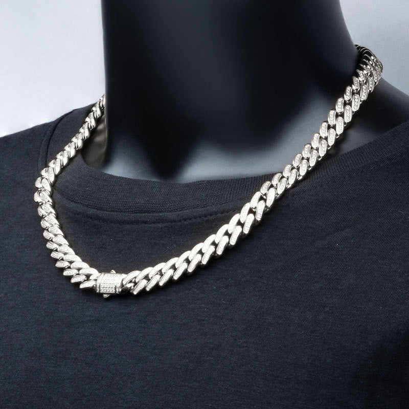 12mm Stainless Steel Miami Cuban Link Chain Necklace - CNC Precision Cut with Genuine Cubic Zirconia Stones - Secure Double Tab Box Clasp - Perfect for Men's Jewelry, Hip Hop Fashion & Gift Giving