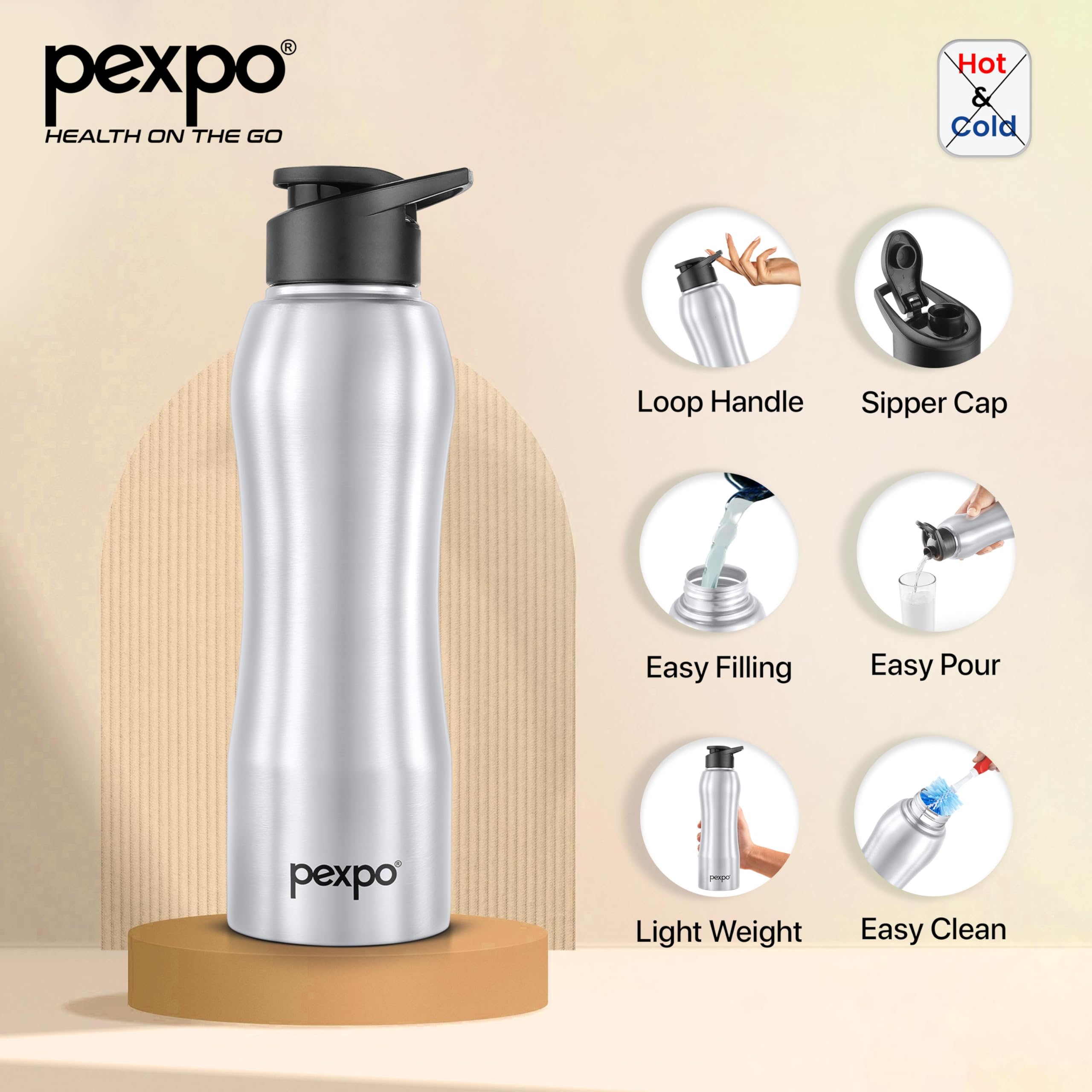 PEXPO Bistro 750ml Stainless Steel Water Bottle - Insulated, Leak Proof, Easy Grip for Gym, Office, Hiking | Silver Single Wall Bottle for Sports, Travel, School & Outdoor Activities | Perfect for Men, Women & Kids