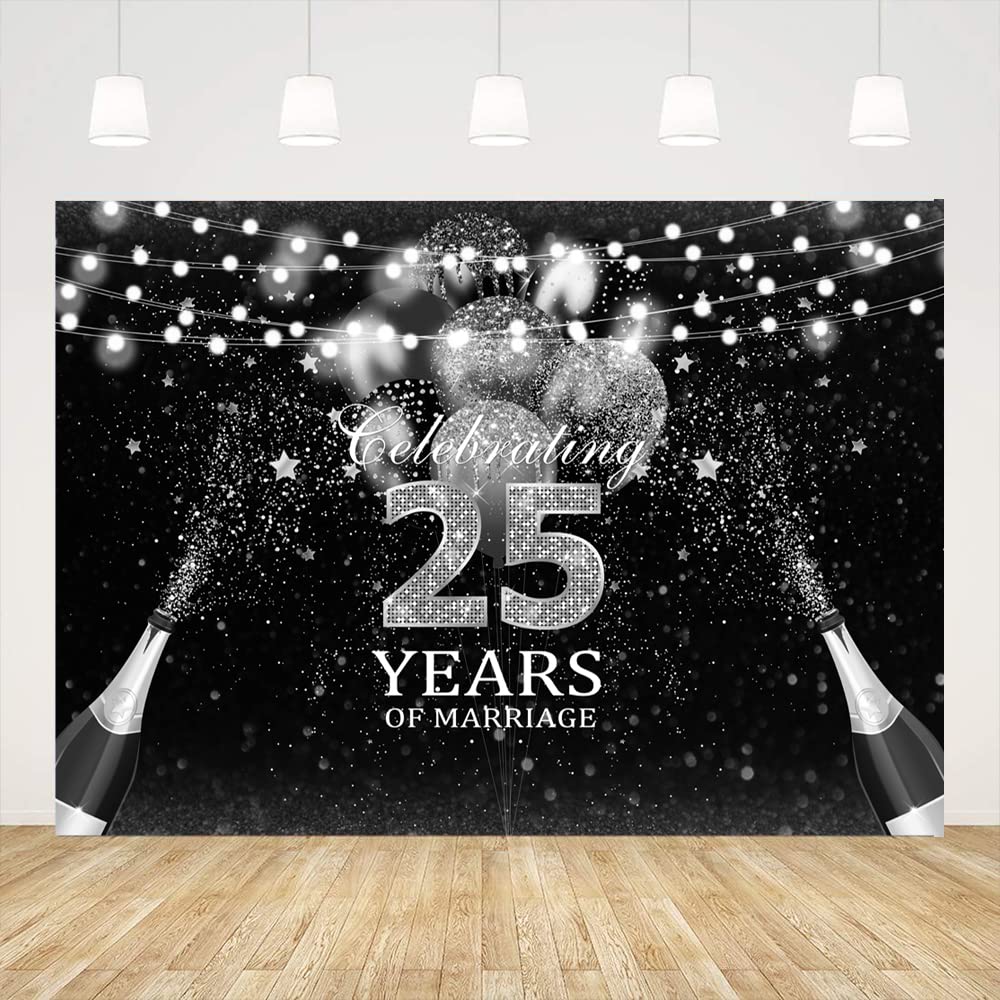 Ticuenicoa 7x5ft Happy 25th Anniversary Backdrop - Black & Silver Balloon Wedding Decor for 25 Years of Marriage Celebration | Perfect for Anniversary Parties, Photo Booths & Home Decorations