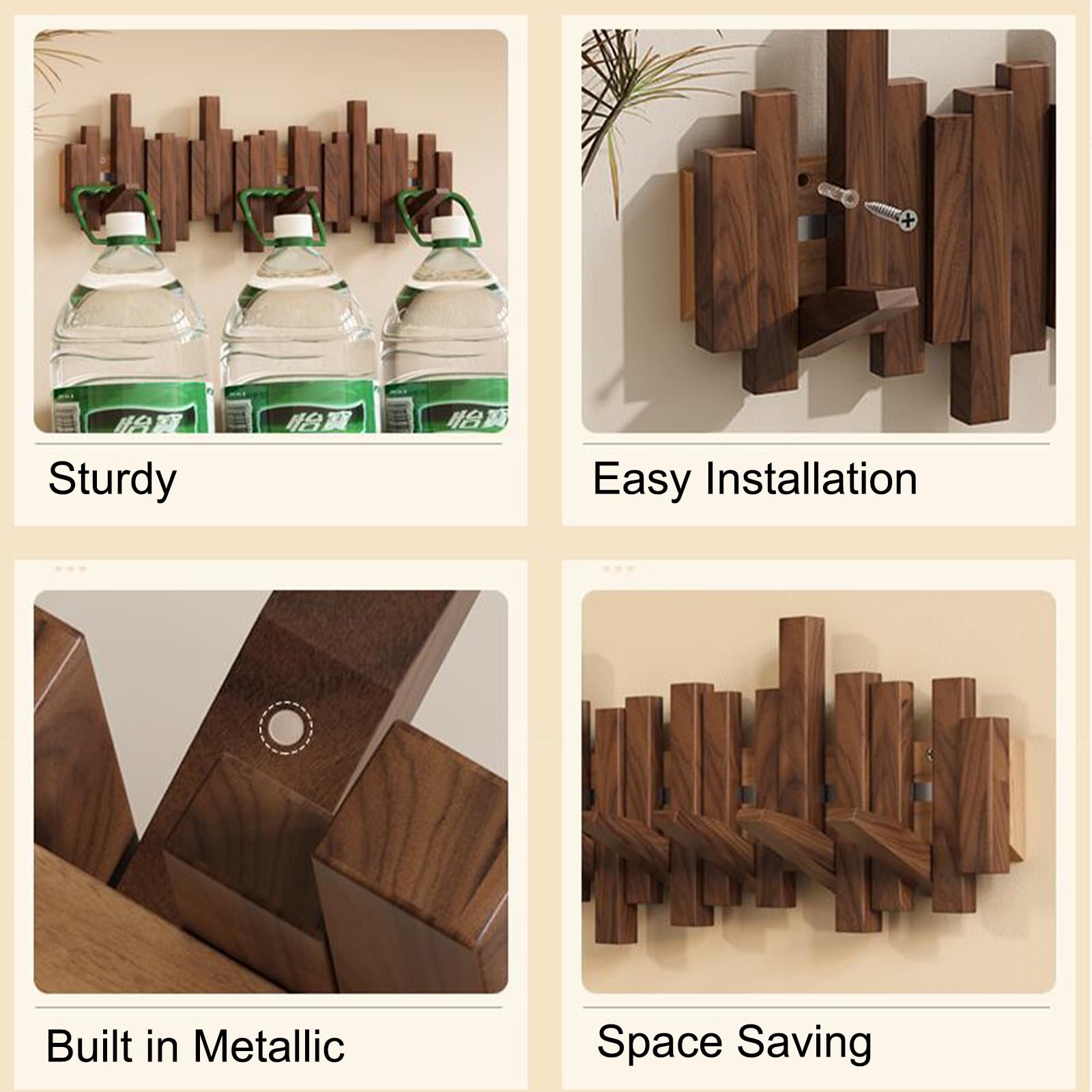 Walnut Wall Mount Coat Rack with 12 Hooks - Space Saving for Entryway & Bedroom