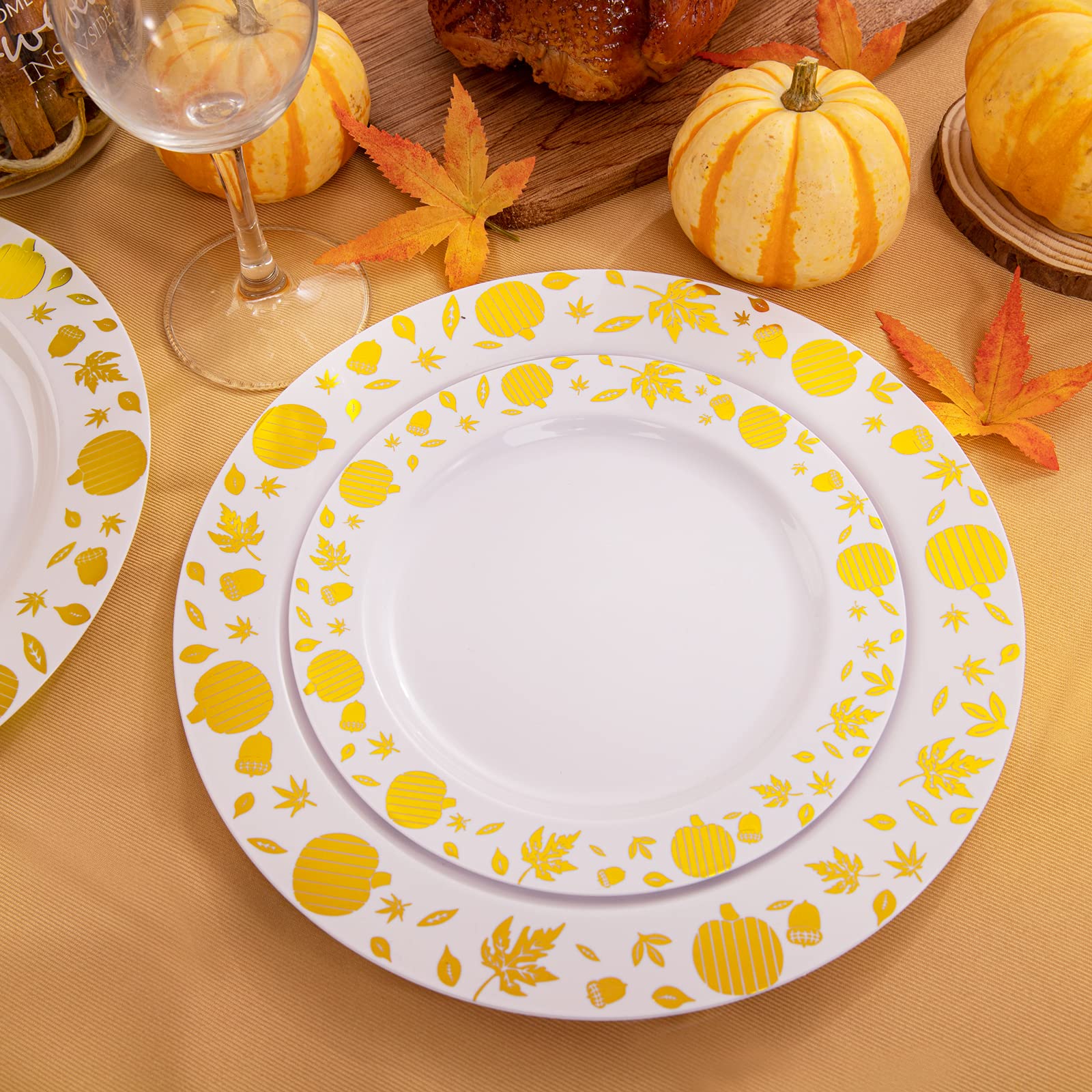 60PCS Thanksgiving Dinner & Dessert Plates Set - White and Gold Plastic Plates for Giving Thanks Theme Party, Holiday Feast, Family Gathering, and Festive Celebration
