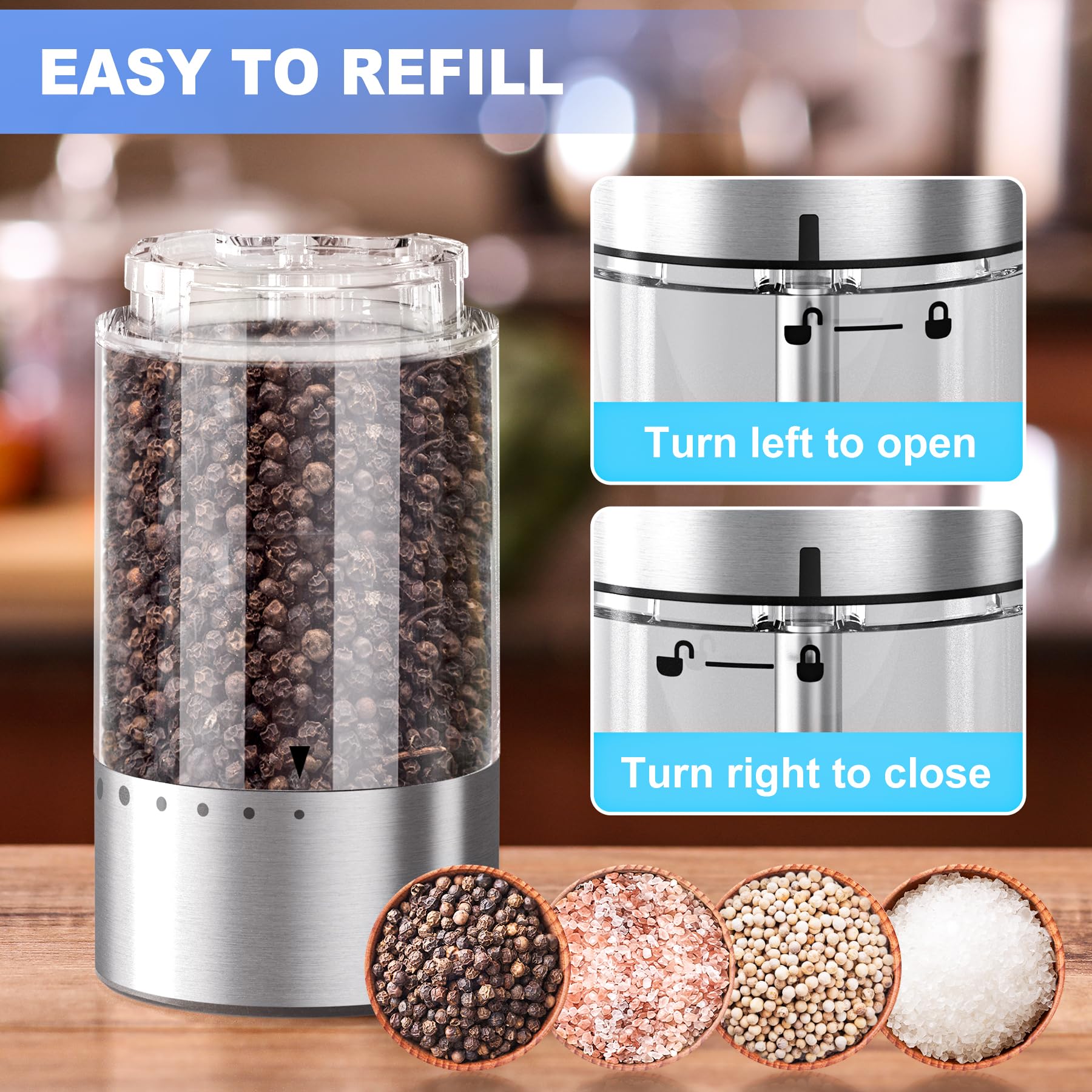 Electric Salt and Pepper Grinder Set - USB Rechargeable, One-Hand Operation, Adjustable Coarseness with LED Light - Perfect for Kitchen, Restaurant & Outdoor Dining