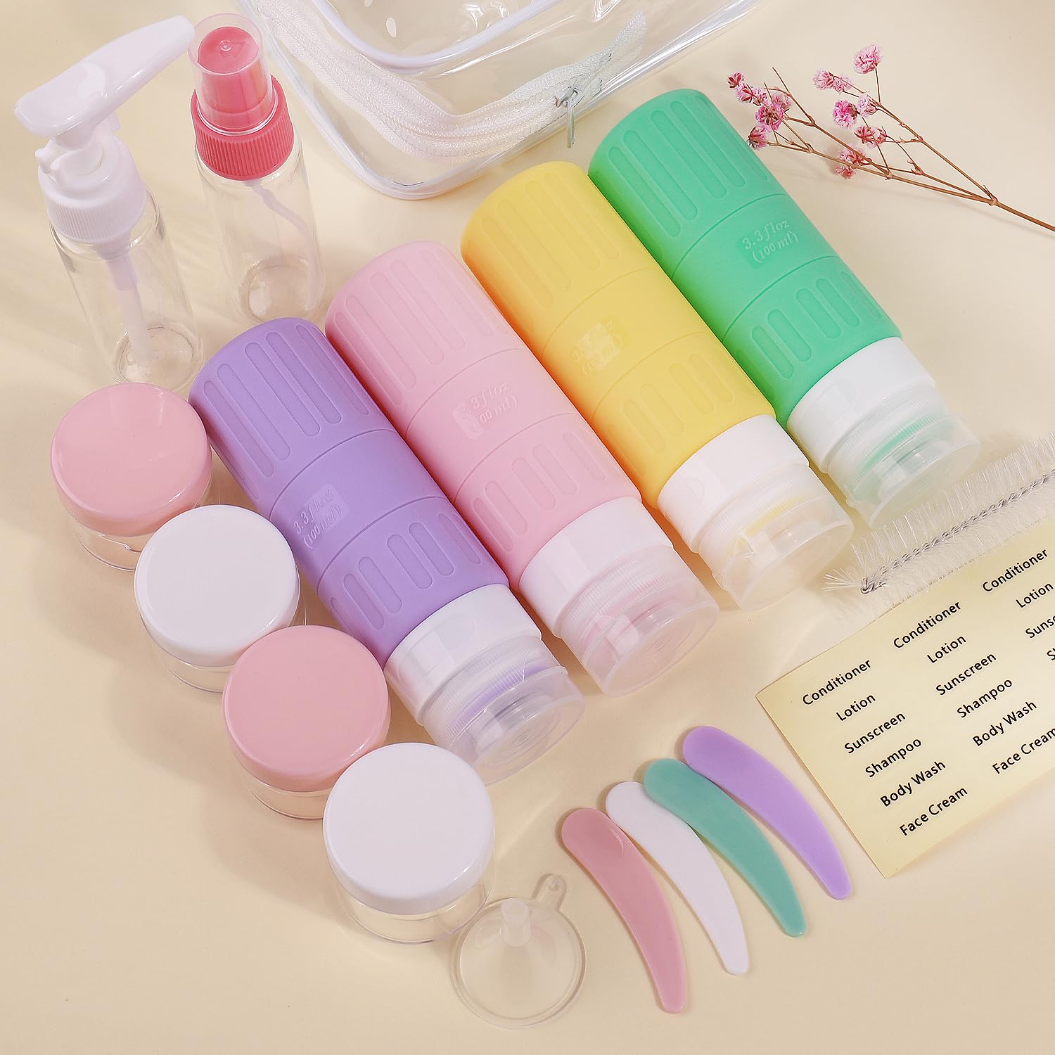 GLAMFIELDS 18-Pack TSA Approved Leakproof Silicone Travel Bottles (3.3oz) - Squeezable Toiletry Containers for Shampoo, Conditioner & Lotion | Portable Cosmetic Storage for Vacation, Gym & Airplane Carry-On Essentials