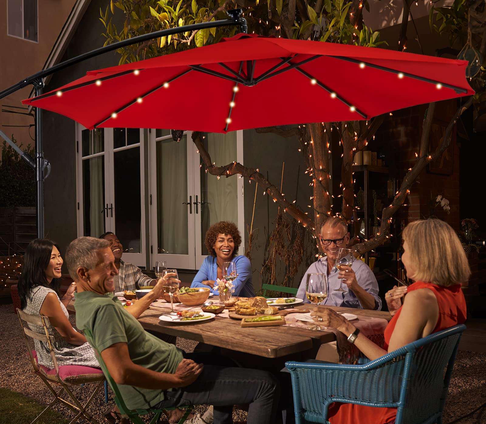 AECOJOY 10FT Solar Powered LED Cantilever Patio Umbrella with 24 Lights - Hanging Offset Market Umbrella with Cross Base for Backyard, Garden, Poolside (Red) | Perfect for Outdoor Dining, Lounging & Entertaining