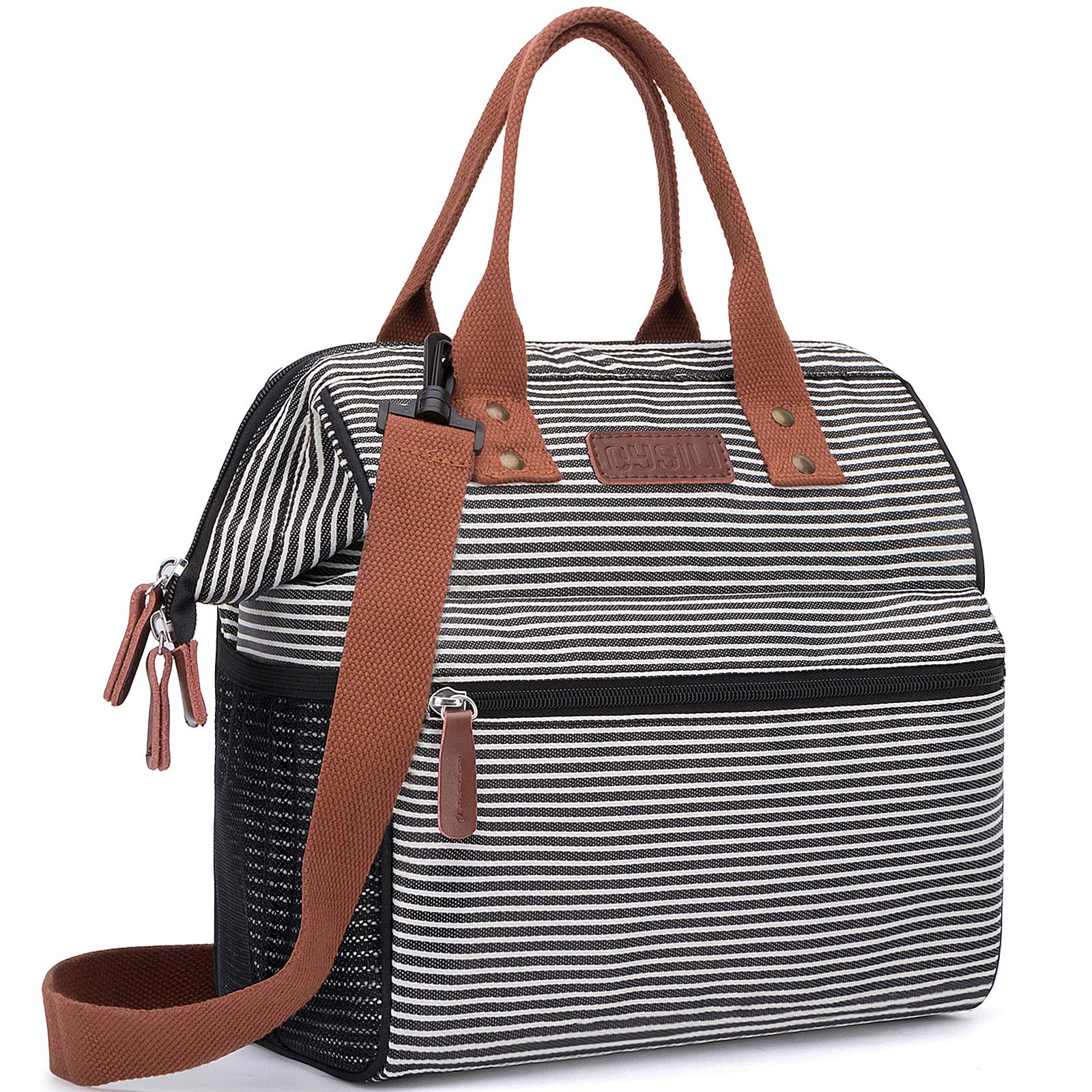 Insulated Lunch Bag for Work, Picnic, Hiking & Beach - Leakproof Water-Resistant Lunch Tote with Shoulder Strap for Men & Women (Black & White Stripe) - Perfect for Office, Outdoor Activities & Travel