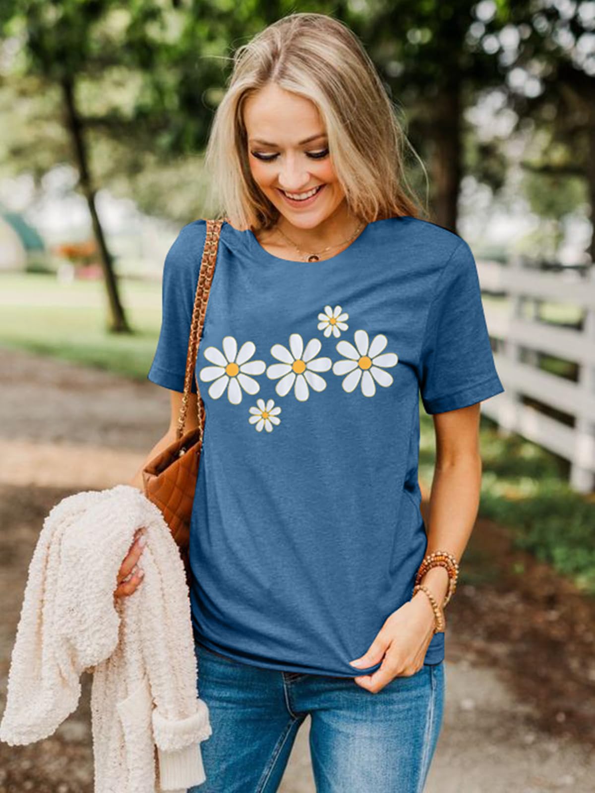 LUKYCILD Women's Daisy Graphic Tee - Short Sleeve Summer T-Shirt with Faith Design - Casual Wear for Outings, Beach, and Everyday Comfort