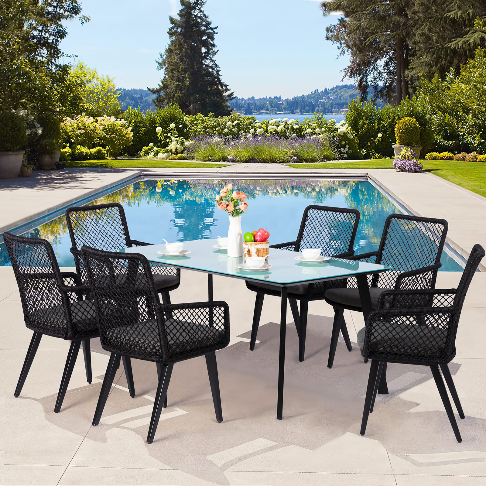 YOLENY 7-Piece Outdoor Dining Set - Patio Furniture with Tempered Glass Table & Rope Woven Chairs - Perfect for Garden, Lawn, Backyard, Poolside & Outdoor Entertaining