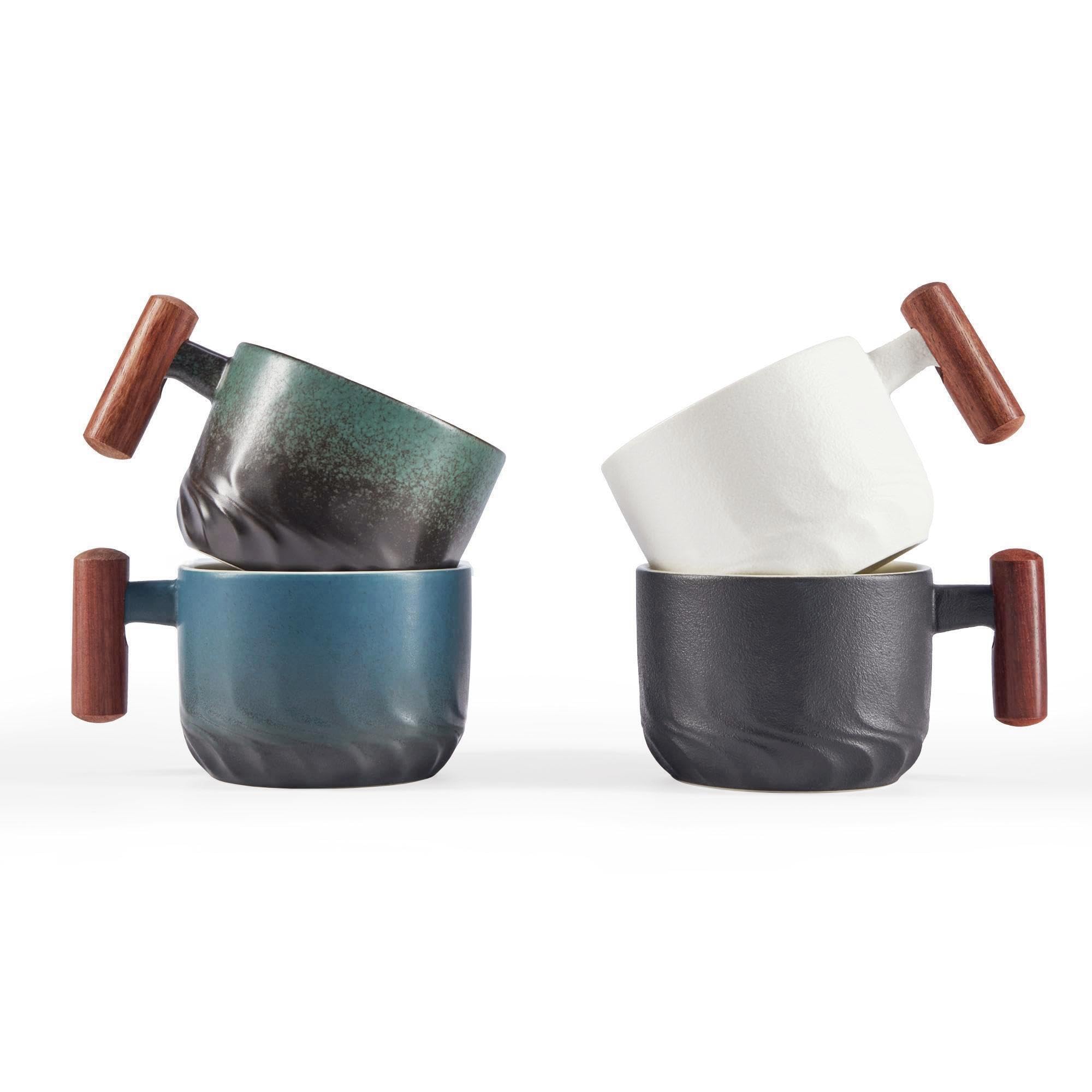 6 Oz Ceramic Espresso Cups with Wooden Handle - Set of 4 Small Coffee Mugs for Latte, Cappuccino, Tea & Hot Beverages - Perfect for Home, Office & Cafe Use