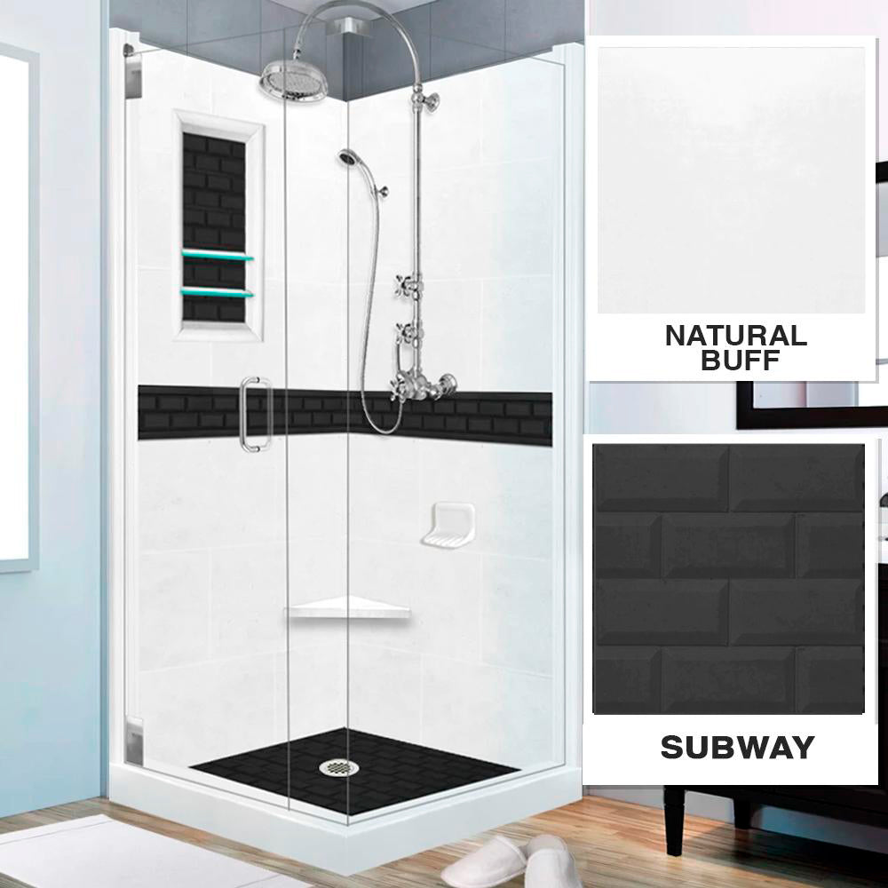 Natural Buff Sistine Stone & Black Subway Tile Corner Accent - DIY Shower Remodel Kit for Bathroom Renovation | Waterproof & Easy Installation for Modern Home Decor