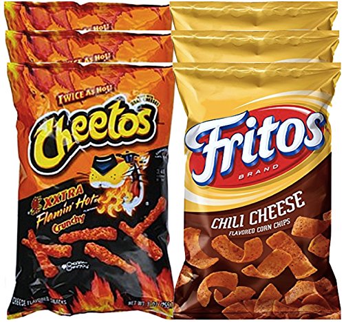 Cheetos Crunchy Xxtra Flamin' Hot & Fritos Chili Cheese Corn Chips Snack Pack - 6 Pack (Approx. 8.0 Oz) - Perfect for College Care Packages, Military Gifts, Sports Team Snacks & Party Favors