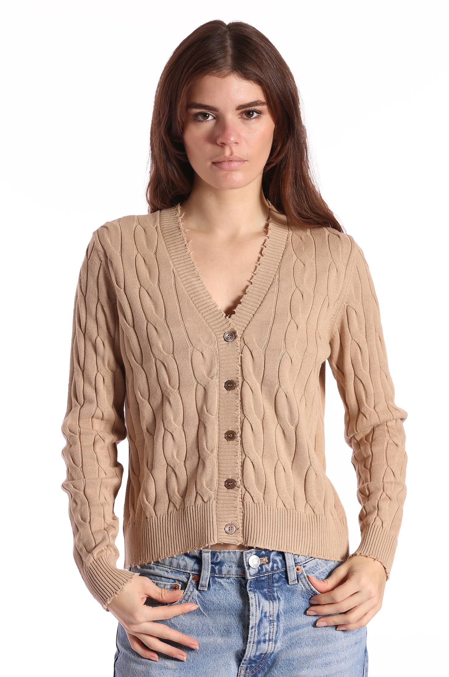 Minnie Rose Women's Long Sleeve V-Neck Cotton Cardigan Sweater with Frayed Hem - Cozy Fall Layering Piece for Work, Date Night & Casual Outfits