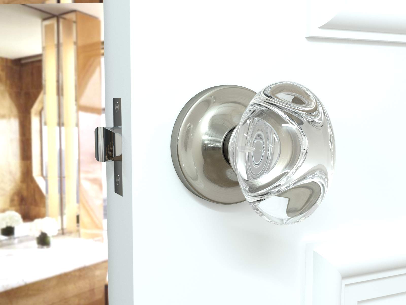 (8 Pack) Satin Nickel Oval Egg Crystal Door Knobs with Round Rosette - Elegant Cabinet & Drawer Pulls for Bedroom, Bathroom, and Closet Doors