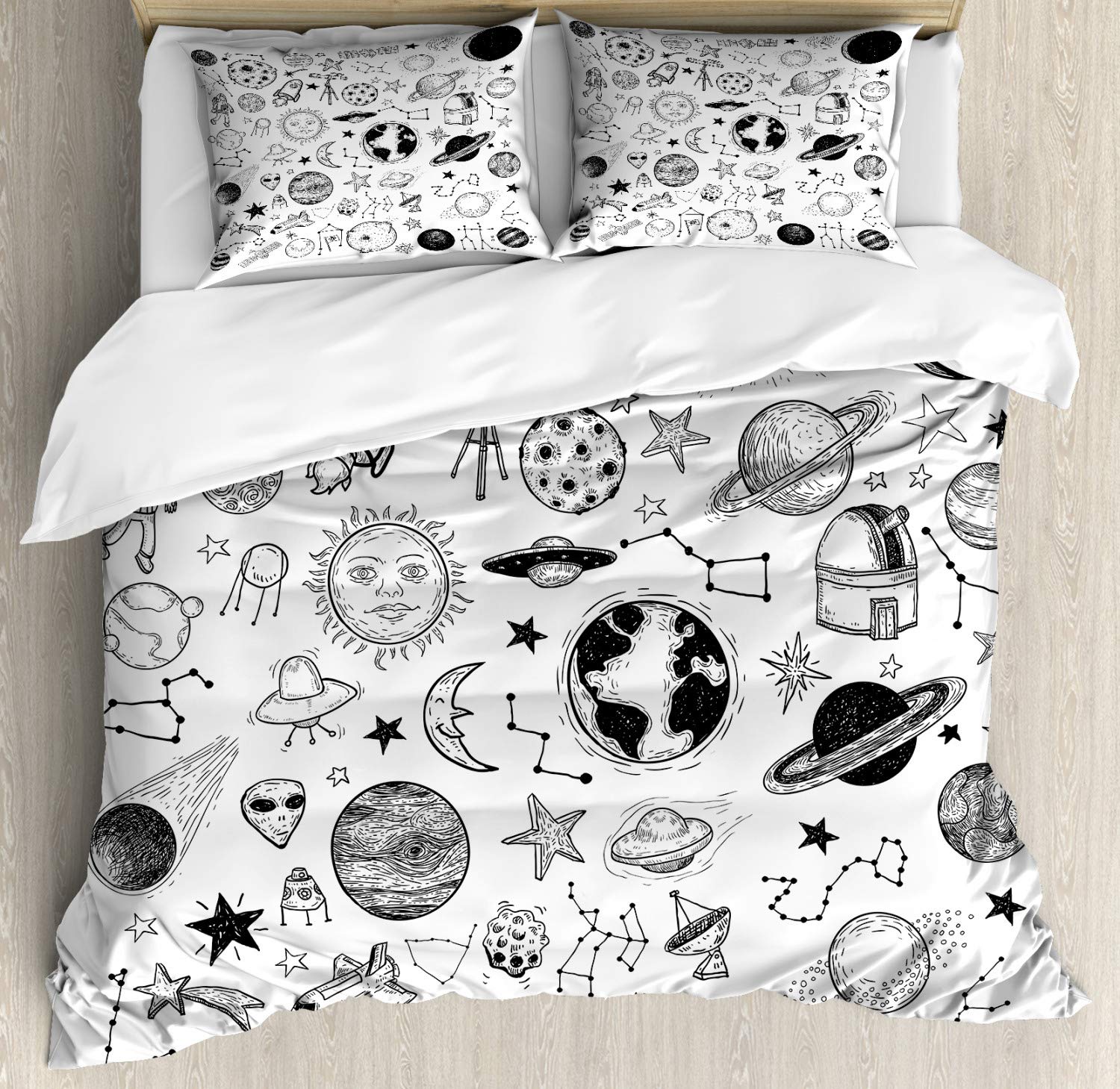 Ambesonne Cartoon Duvet Cover Set - Hand Drawn Planets, Asteroids & Constellations in Monochrome Universe Design | 3-Piece Bedding Set with 2 Pillow Shams | California King Size in White & Black | Perfect for Kids' Rooms, Space-Themed Decor & Modern Bedrooms