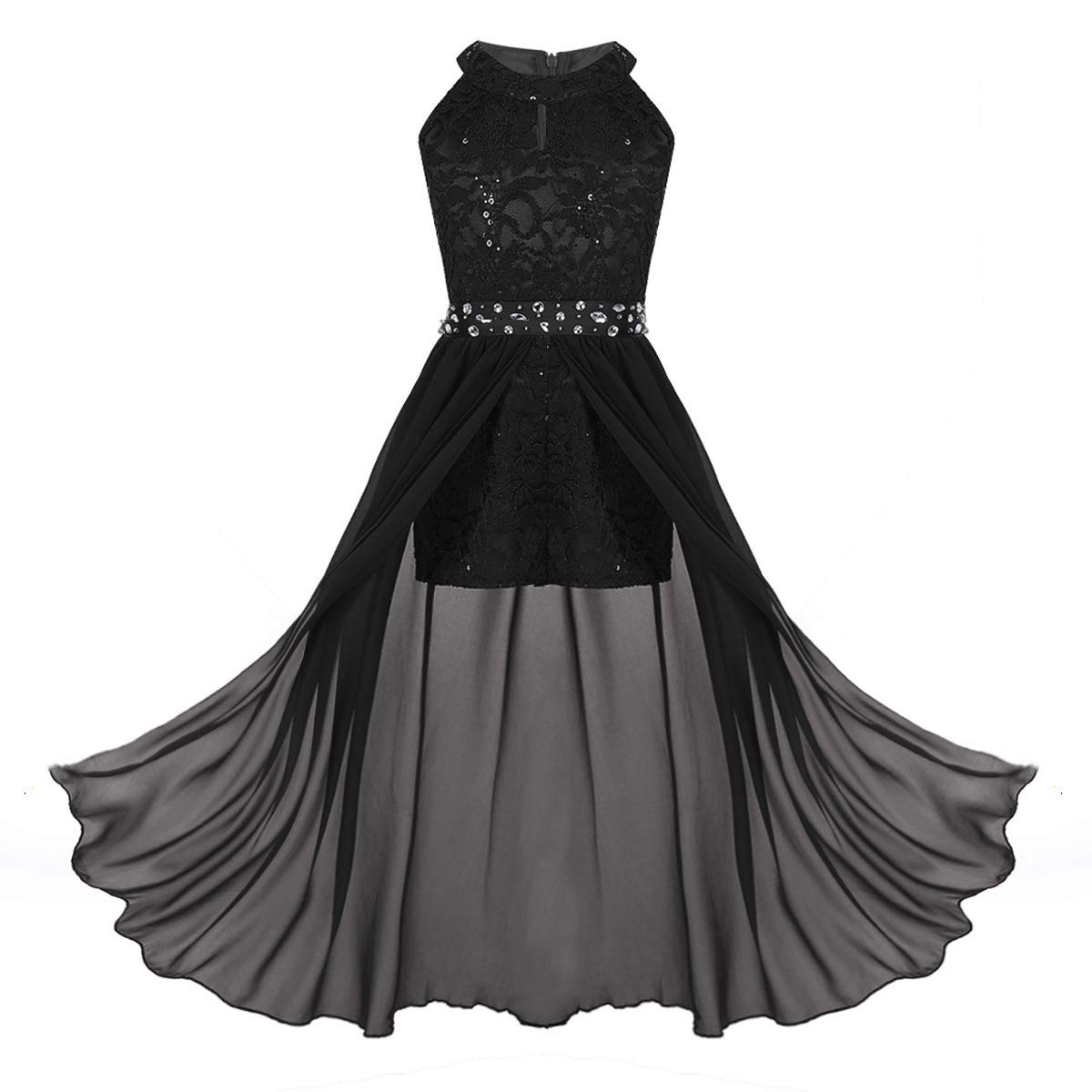 **Moggemol Girls Floral Lace Rhinestone Long Romper - Elegant Bridesmaid Dress for Birthday Party, Pageant & Dancewear - Perfect for Weddings, Prom & Special Occasions**