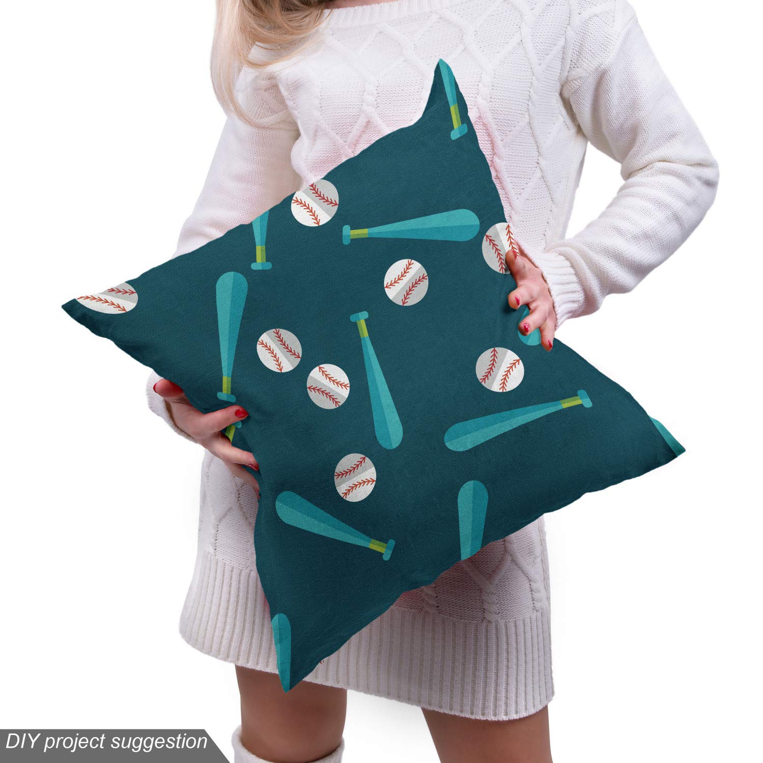 Ambesonne Baseball Fabric by The Yard - Softball Theme with Bats & Balls Design - Upholstery & Home Decor Fabric in Petrol Blue & Vermilion - Perfect for DIY Projects, Curtains, Pillows & Crafting