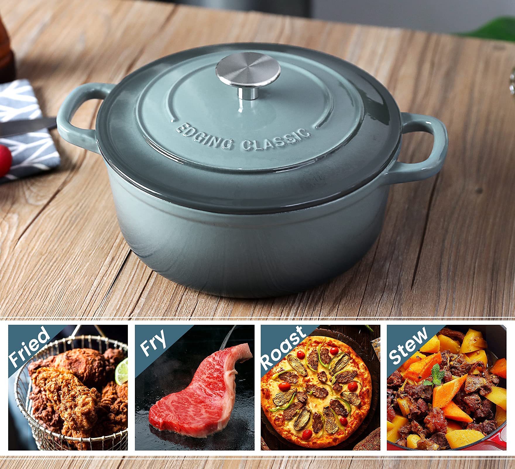 Premium 5.5 Quart Enameled Cast Iron Dutch Oven with Dual Handles - Slate Blue - Perfect for Braising, Stewing, Baking & Slow Cooking Soups