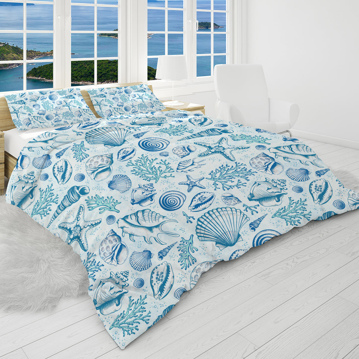 Blue Seashells Bedding Set - Queen Size Comforter, Duvet Cover & Pillowcases - Coastal Beach Theme Bedroom Decor for Master & Guest Rooms