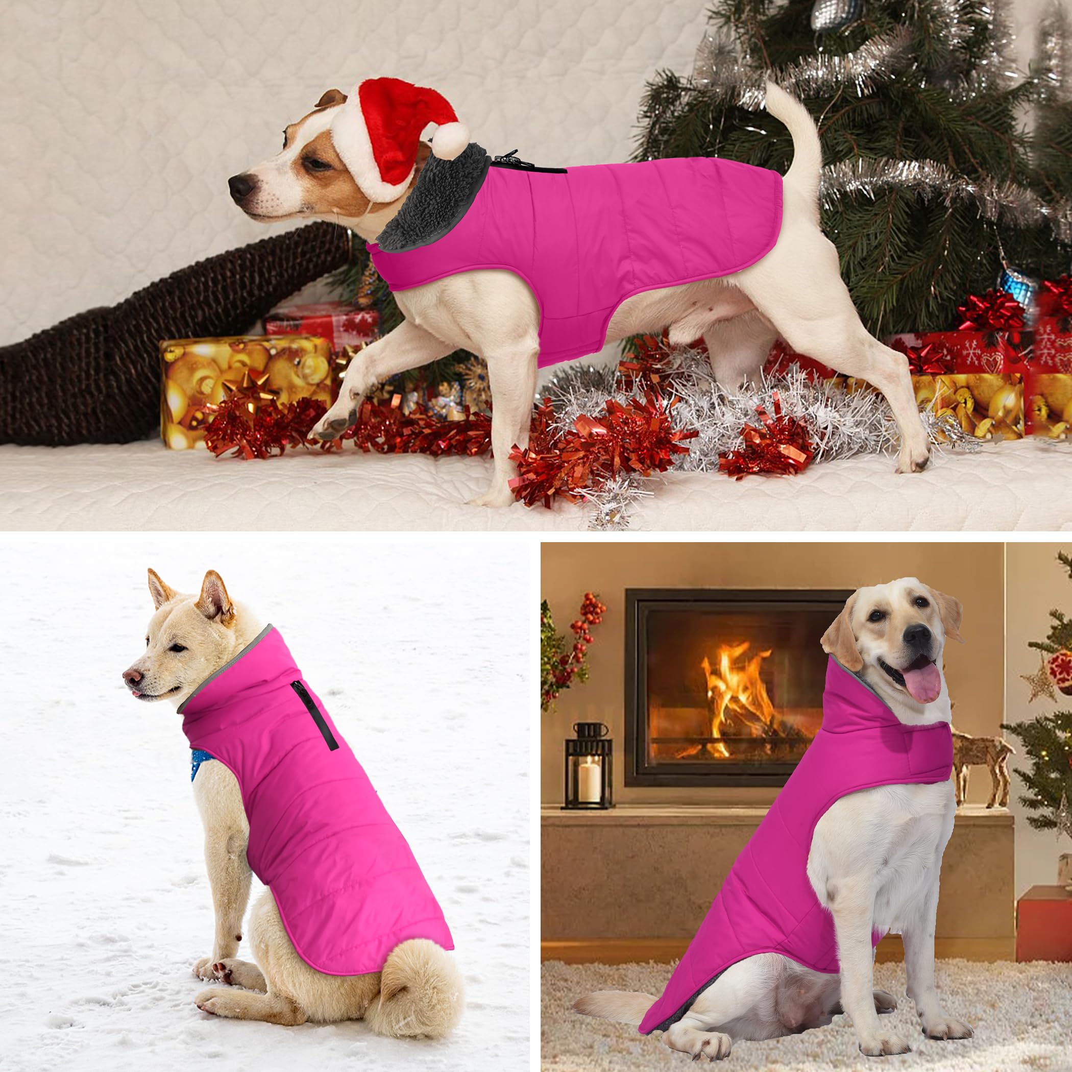 Waterproof Reflective Dog Winter Coat with Leash Hole - Fleece-Lined Windproof Snow Jacket for Small Medium Large Dogs (Pink, M) - Ideal for Cold Weather Walks, Outdoor Adventures & Nighttime Safety