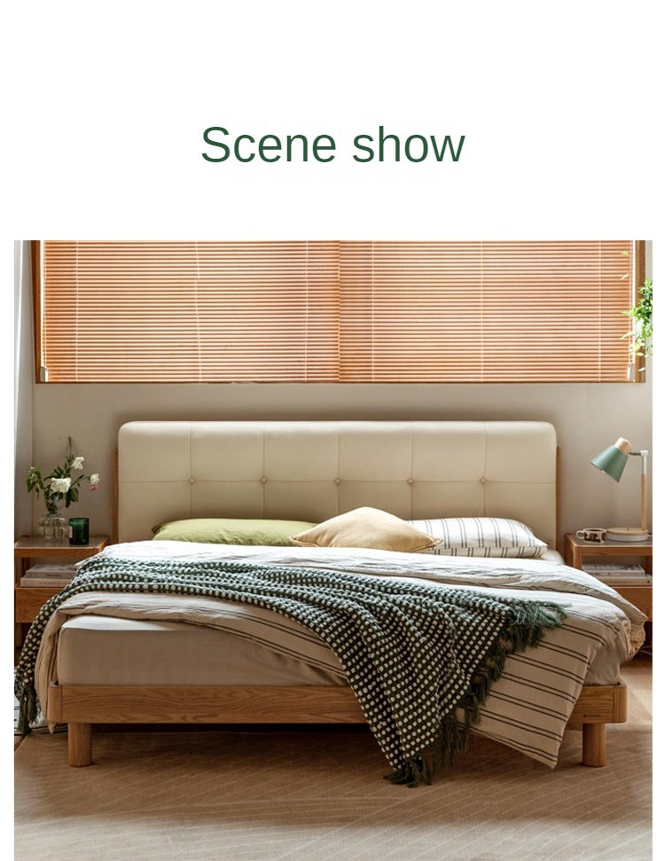 Solid Oak Wood Nordic Soft Back Bed - Modern Minimalist Design for Bedroom & Guest Room