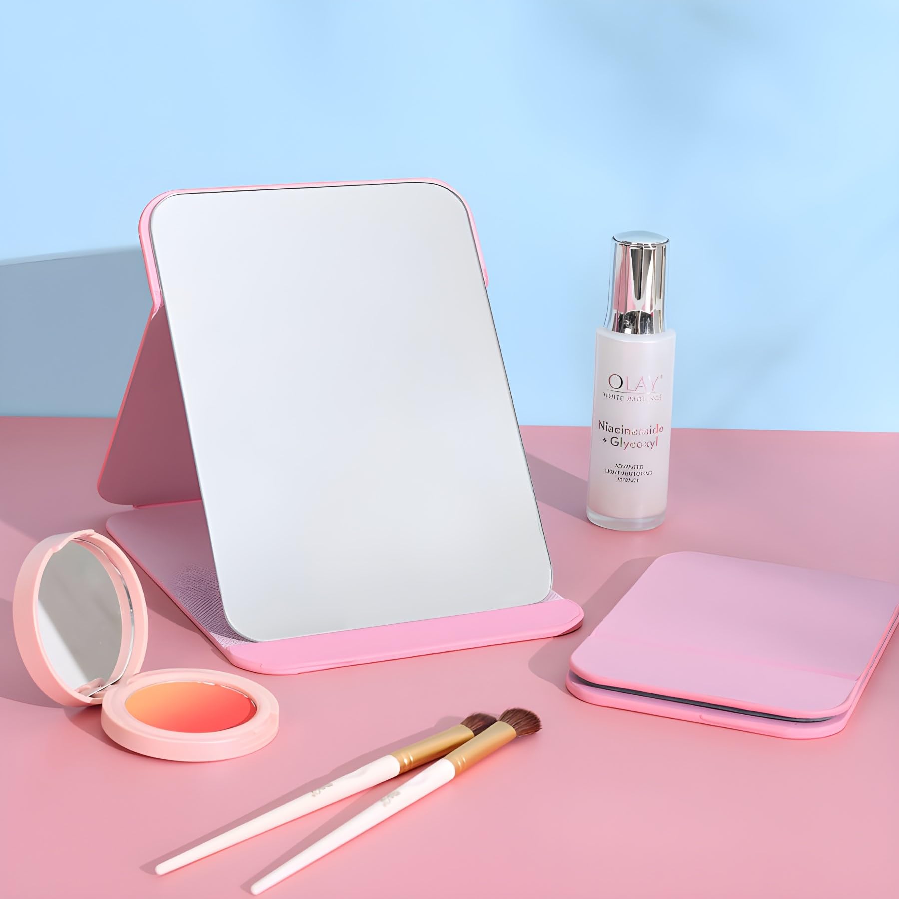 ONICORN® Foldable Makeup Mirror with Stand - Portable Travel Vanity Mirror with PU Leather Case, Frameless Round Edge Design (Pink) - Perfect for Home, Travel & Professional Makeup Application