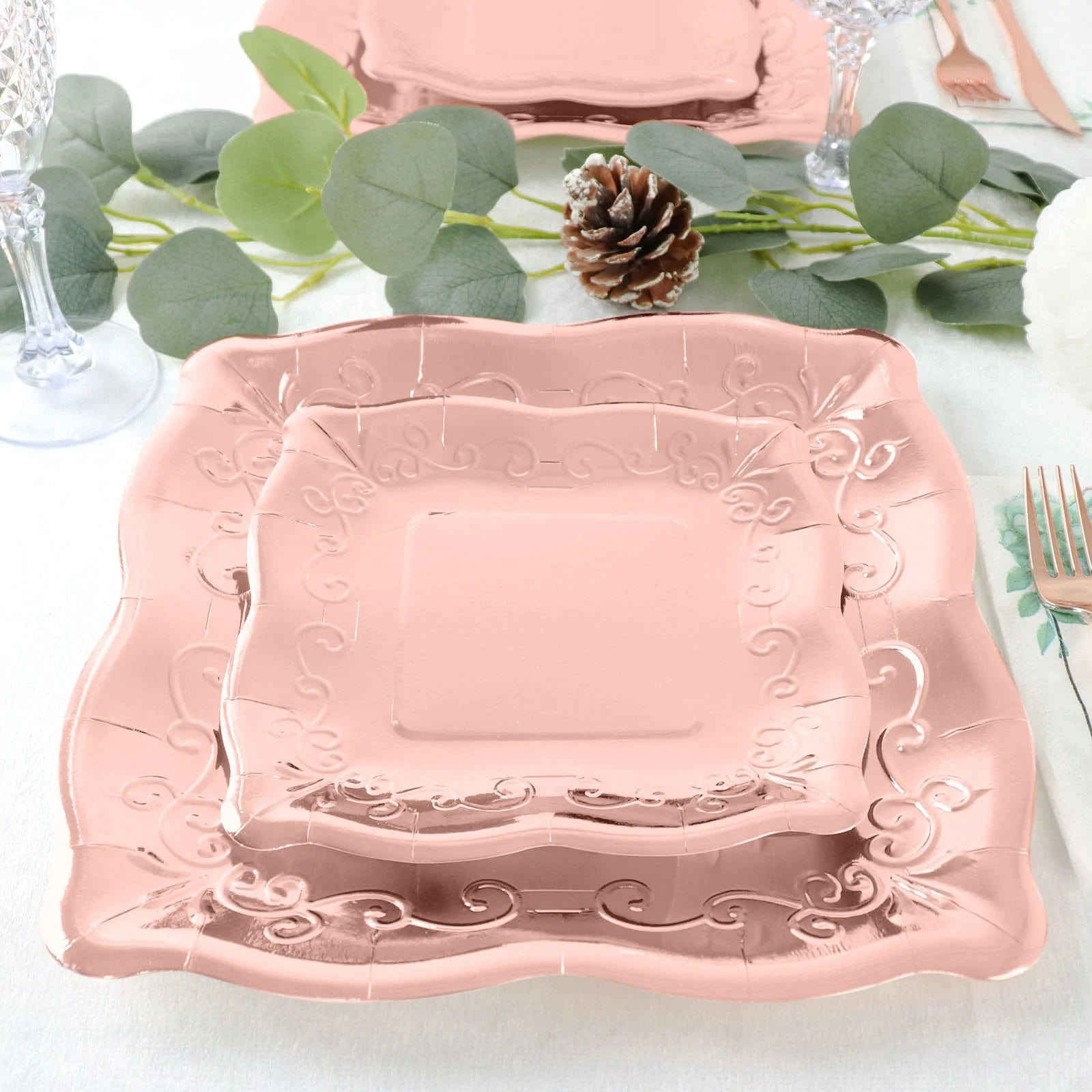 25 Pack Square Disposable Dessert Plates with Elegant Scroll Design - Perfect for Parties, Weddings, and Dinner Events