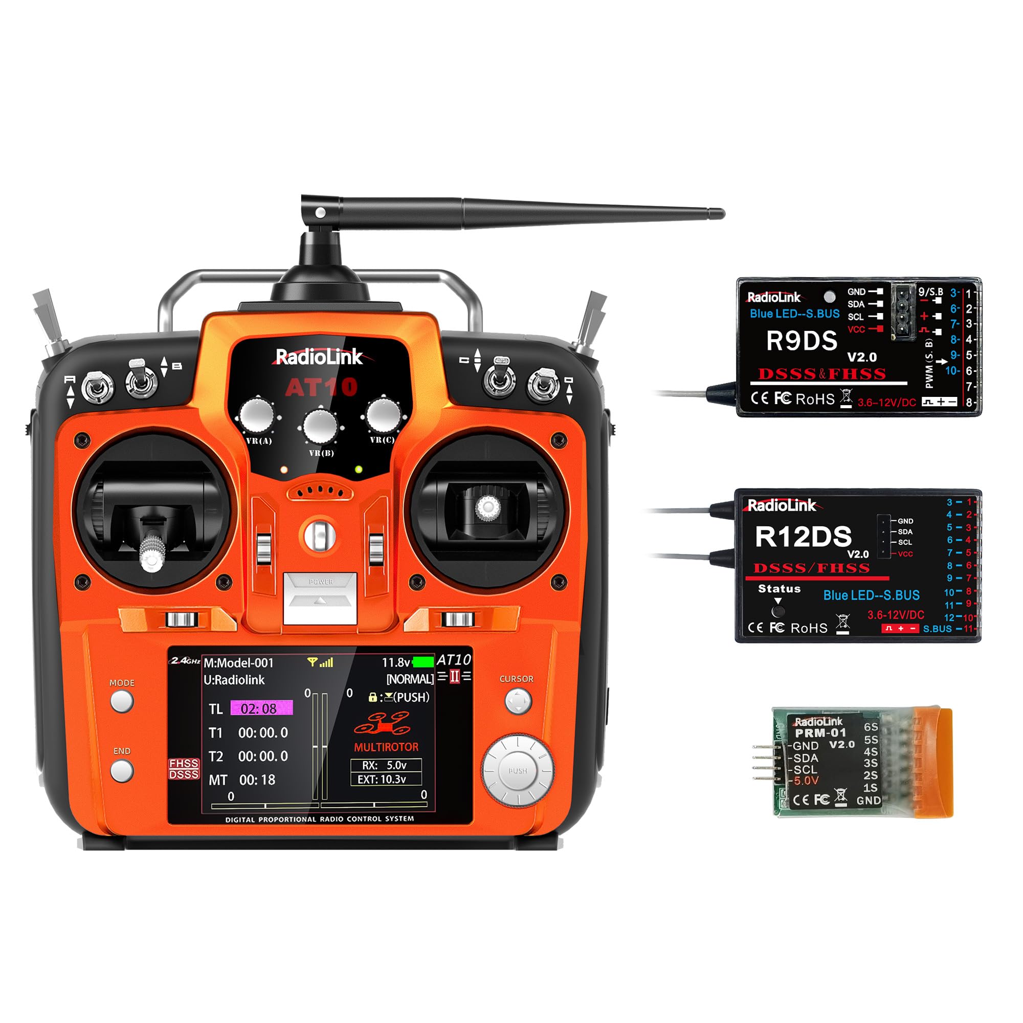 Radiolink AT10II 2.4G 12 Channel RC Transmitter with R12DS & R9DS Receivers - Long Range Radio Controller for FPV Drones, RC Airplanes, Helicopters & Quadcopters - Includes Voltage Monitor (3-Piece Set) - Perfect for Aerial Photography, Racing & RC Hobby Flying
