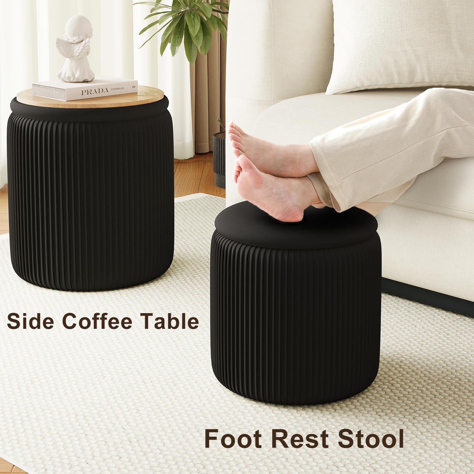 Black Velvet Storage Ottoman Set of 2 - Round Foot Rest Stool with Hidden Storage, Makeup Vanity Chair & Pouf for Living Room, Bedroom, Dressing Area - Perfect for Extra Seating & Home Organization