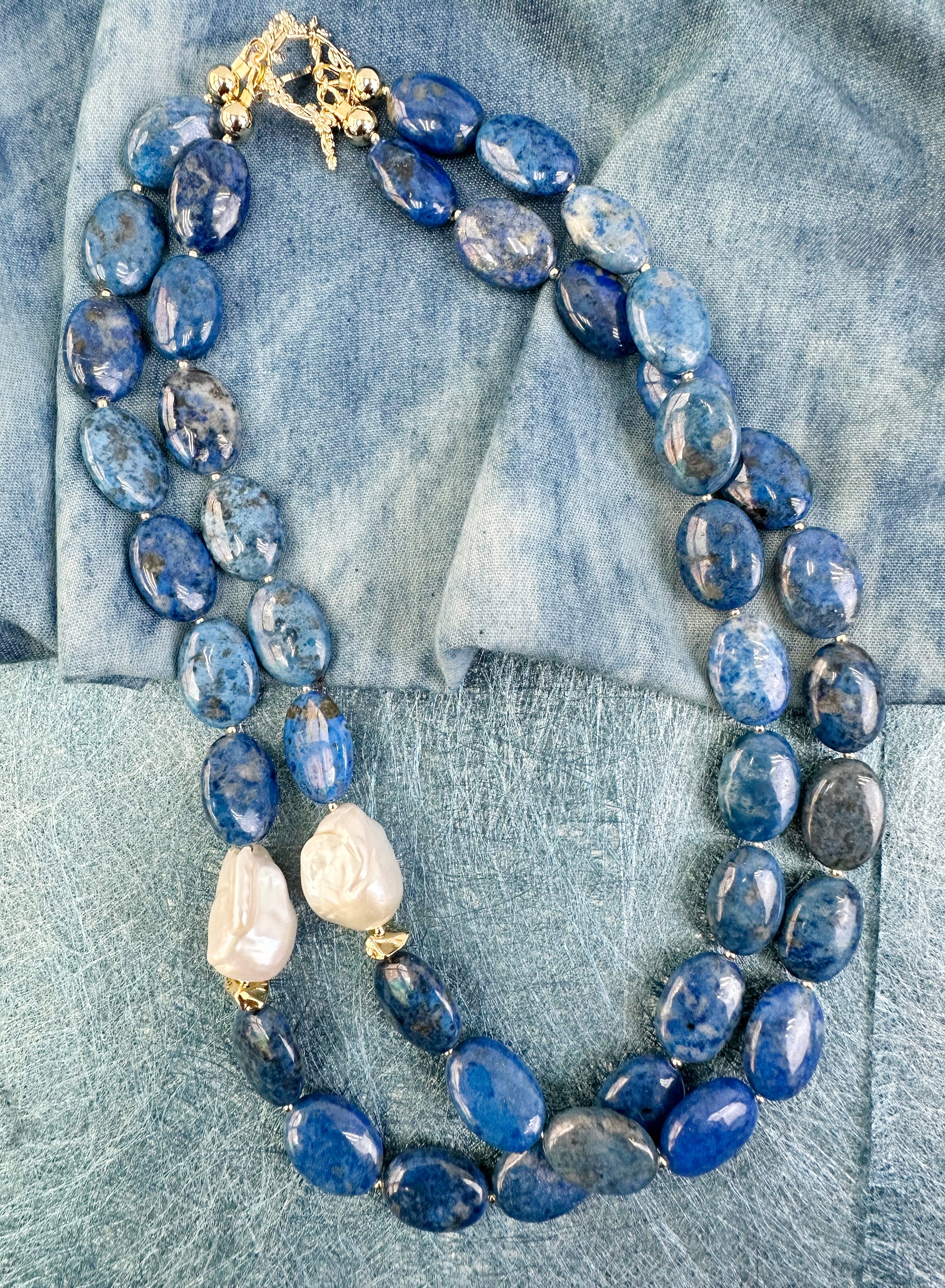 Blue Agate Baroque Double Wrapped Necklace KN020 - Elegant Boho Jewelry for Women, Perfect for Layering & Everyday Wear