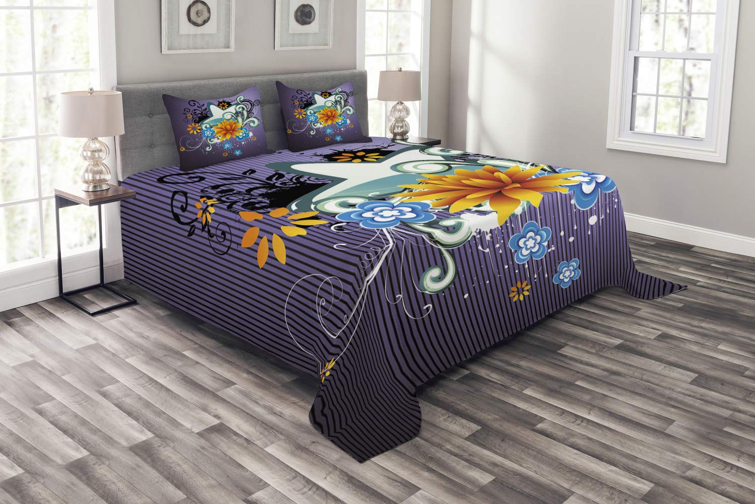 Ambesonne Modern King Size Bedspread Set - Contemporary Star, Flower & Swirl Design with Dark Purple Backdrop | 3-Piece Decorative Bedding Coverlet & 2 Pillow Shams | Perfect for Master Bedroom, Guest Room & Bohemian Home Decor