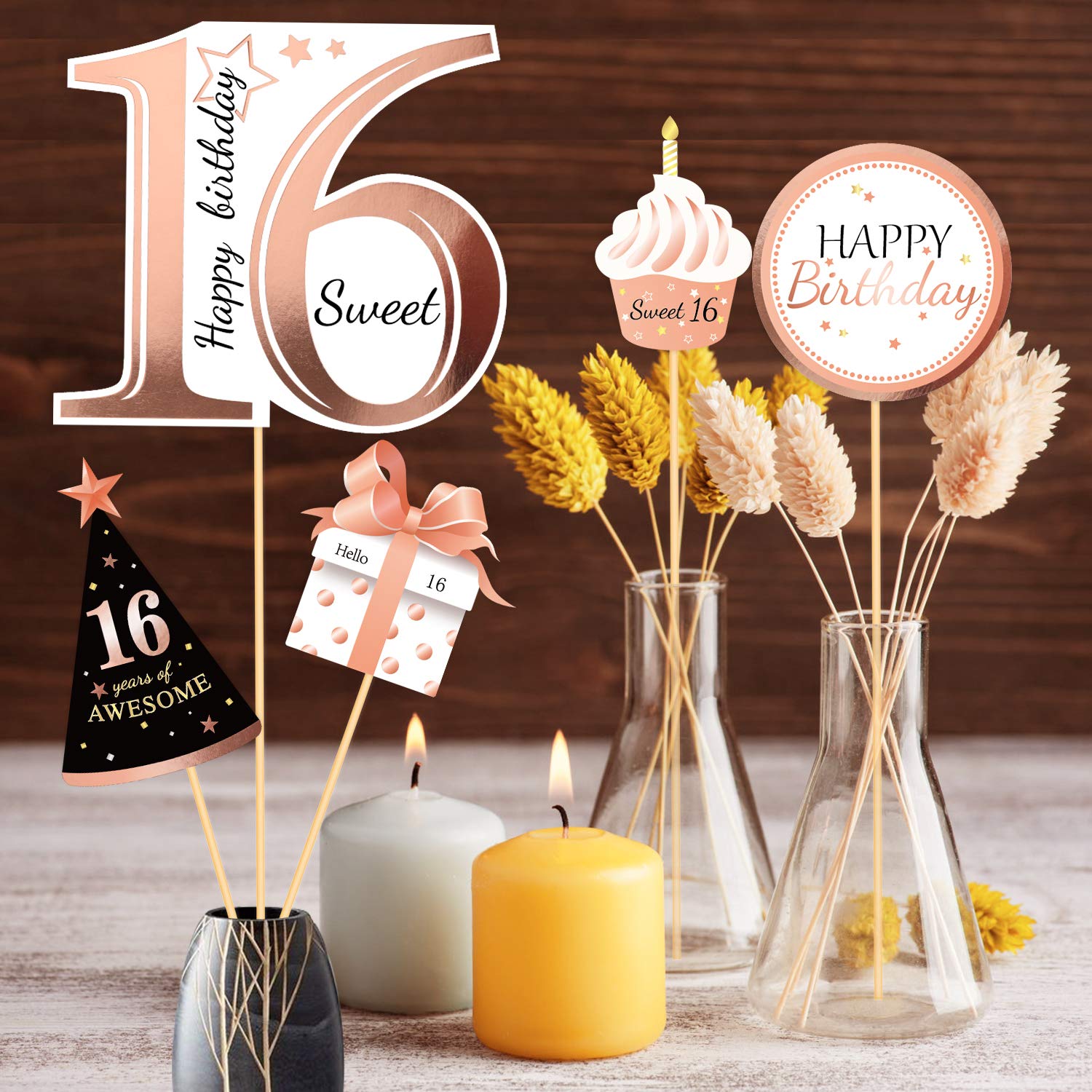 Konsait Rose Gold 16th Birthday Centerpiece Sticks - Sweet 16 Table Decorations - Party Favors & Cake Toppers for 16th Birthday Celebrations - Perfect for Sweet 16 Parties, Quinceañeras & Milestone Birthday Decor