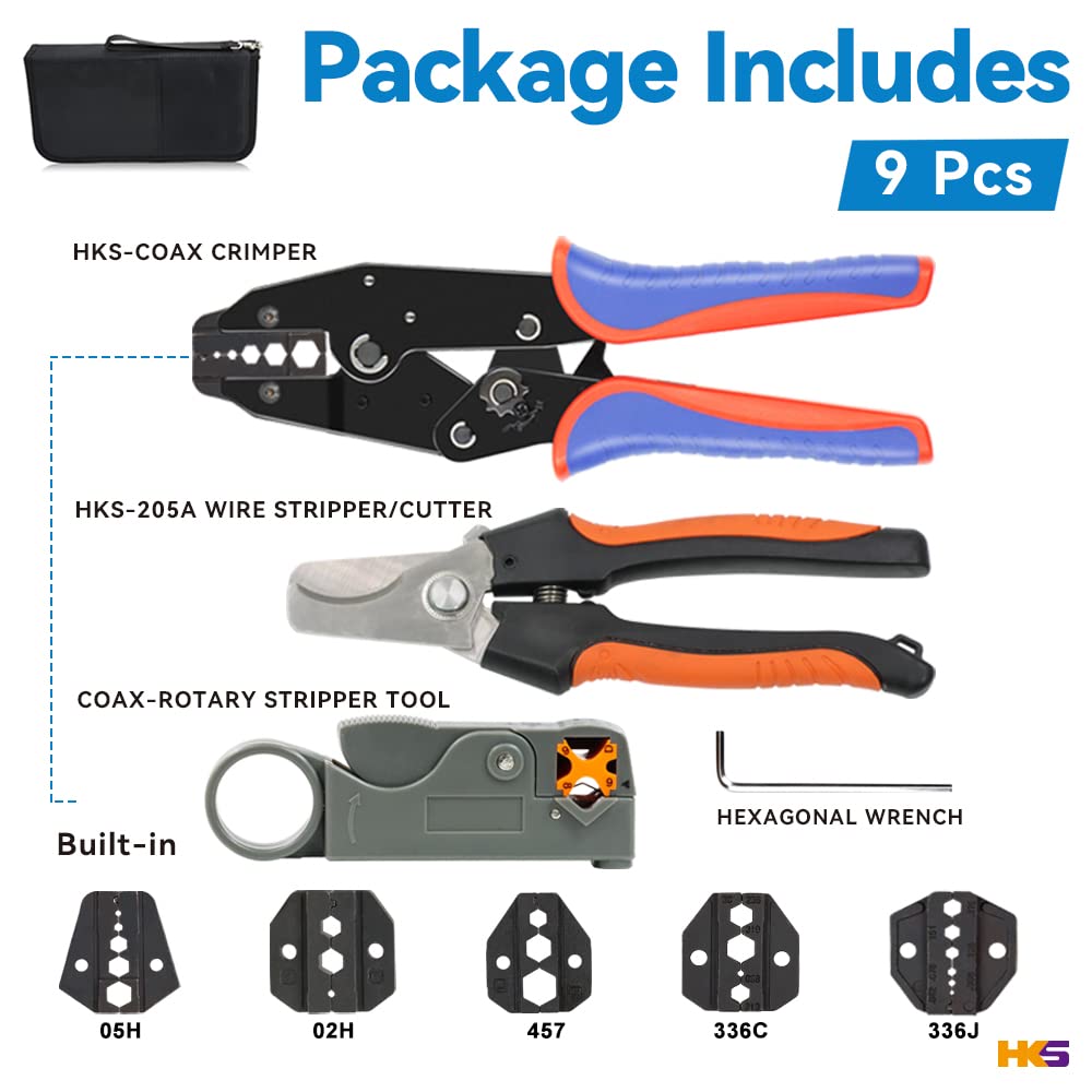 HKS Professional Coax Ratchet Crimping Tool Kit for RG6 RG59 Coaxial Cables - Includes 5 Interchangeable Dies, Rotary Cable Stripper, Cutter & Pliers - Perfect for Cable TV, Satellite, CCTV & Internet Installation