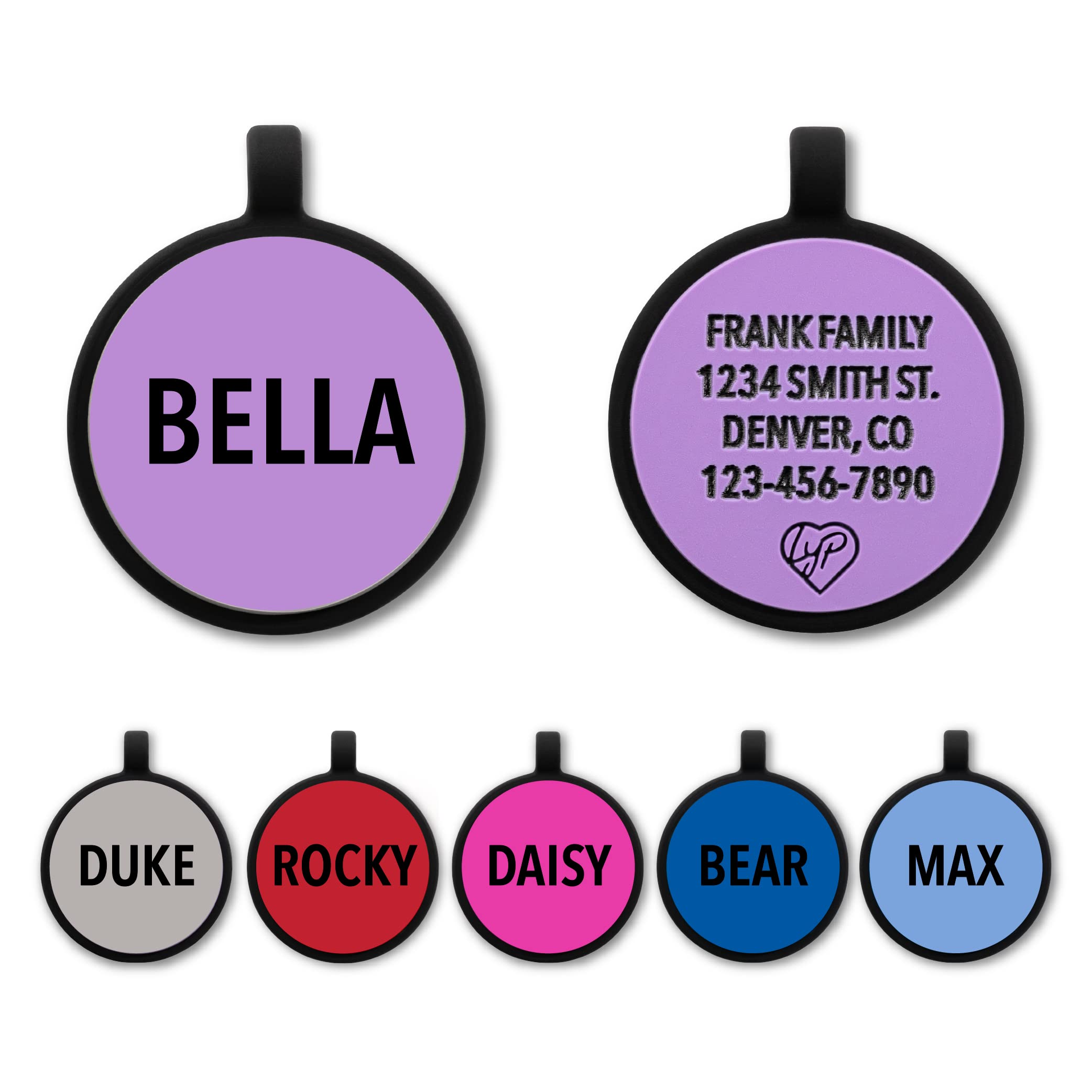 LYP Soundless Pet Tag - Deep Engraved Silicone ID Tag for Dogs & Cats - Durable Double-Sided Engraving - Multiple Design Options (Purple, Circle) - Perfect for Quiet Pets, Travel & Daily Safety