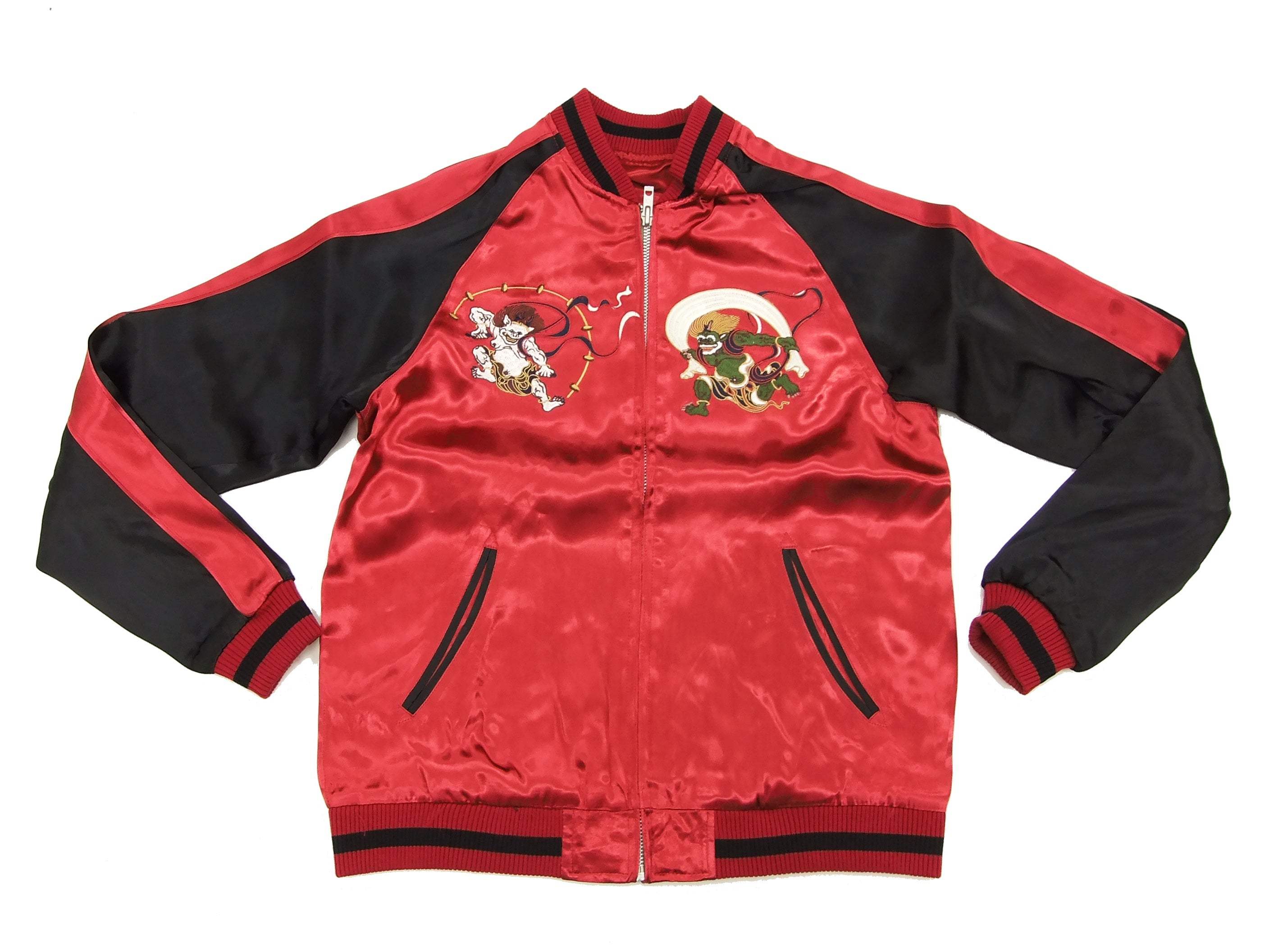 Japanese Souvenir Jacket 3RSJ 020 - Fujin Raijin Design Men's Sukajan Bomber Jacket in Red/Black - Perfect for Streetwear, Cosplay, and Vintage Fashion Enthusiasts