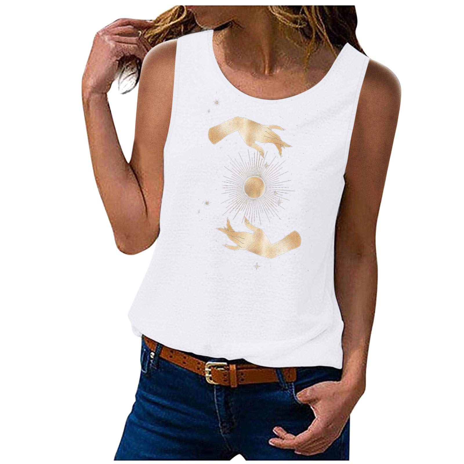 Women's Fashion Sleeveless Tank Top - Sun & Moon Print O-Neck Casual Blouse for Summer, Beach, and Daily Wear