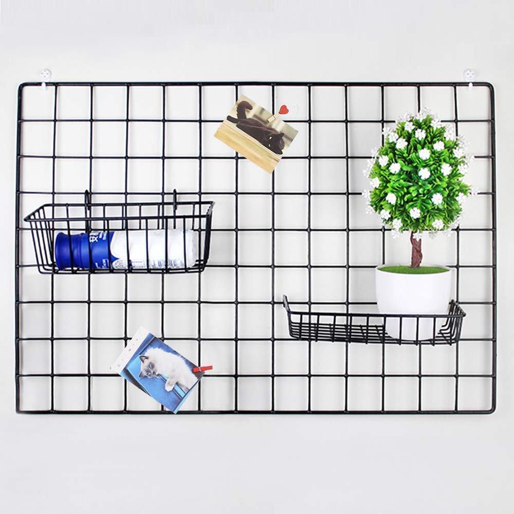 GBYAN 2 Pack Wall Grid Panels with Baskets - Photo Display & Wire Wall Organizer for Hanging Memos, Pictures, Notes | Perfect for Bedroom, Office & Dorm Organization & Decoration