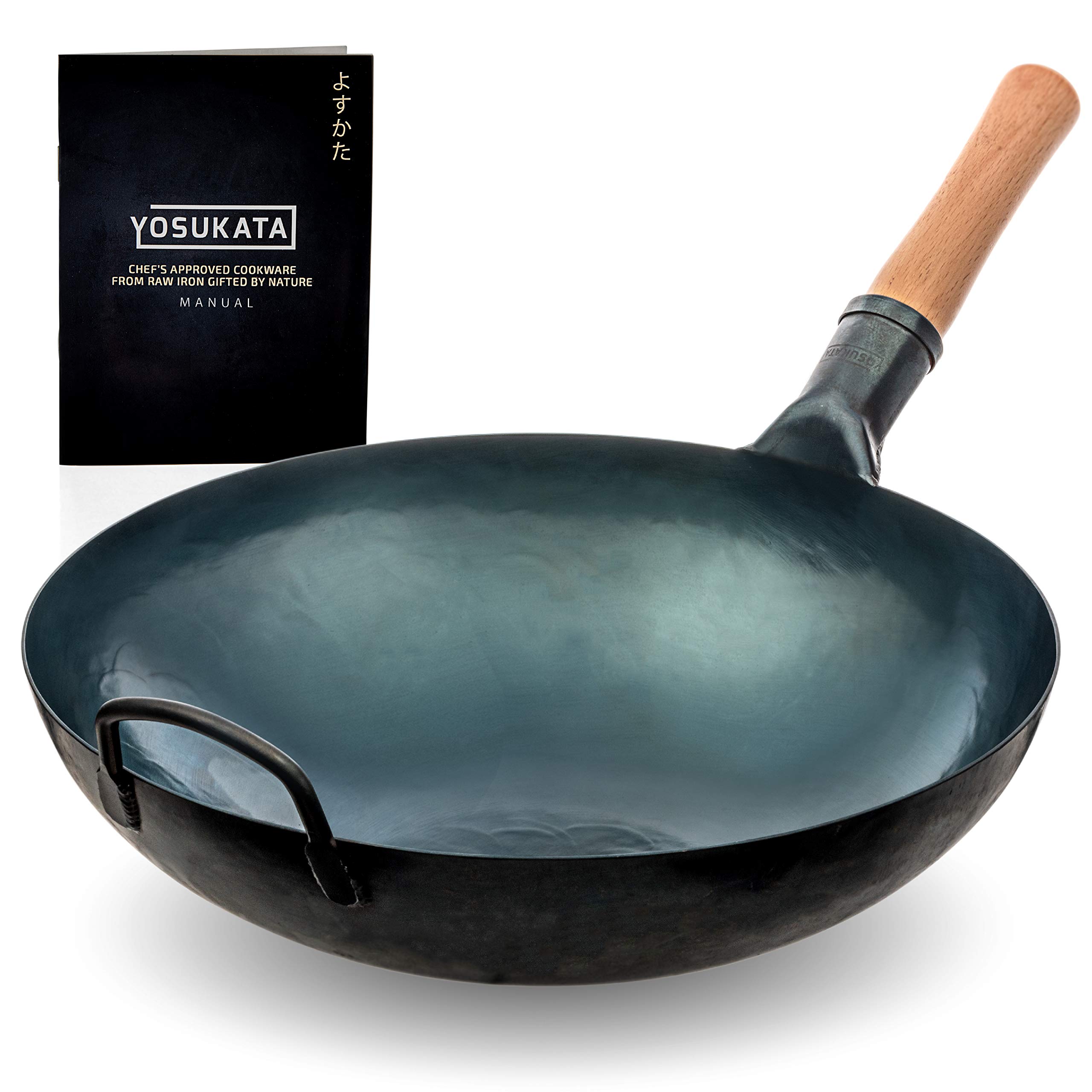 YOSUKATA 14 Inch Blue Round Bottom Carbon Steel Wok Pan - Traditional Chinese & Japanese Hammered Stir Fry Cookware - Perfect for Home Cooking, Asian Cuisine & Professional Chefs