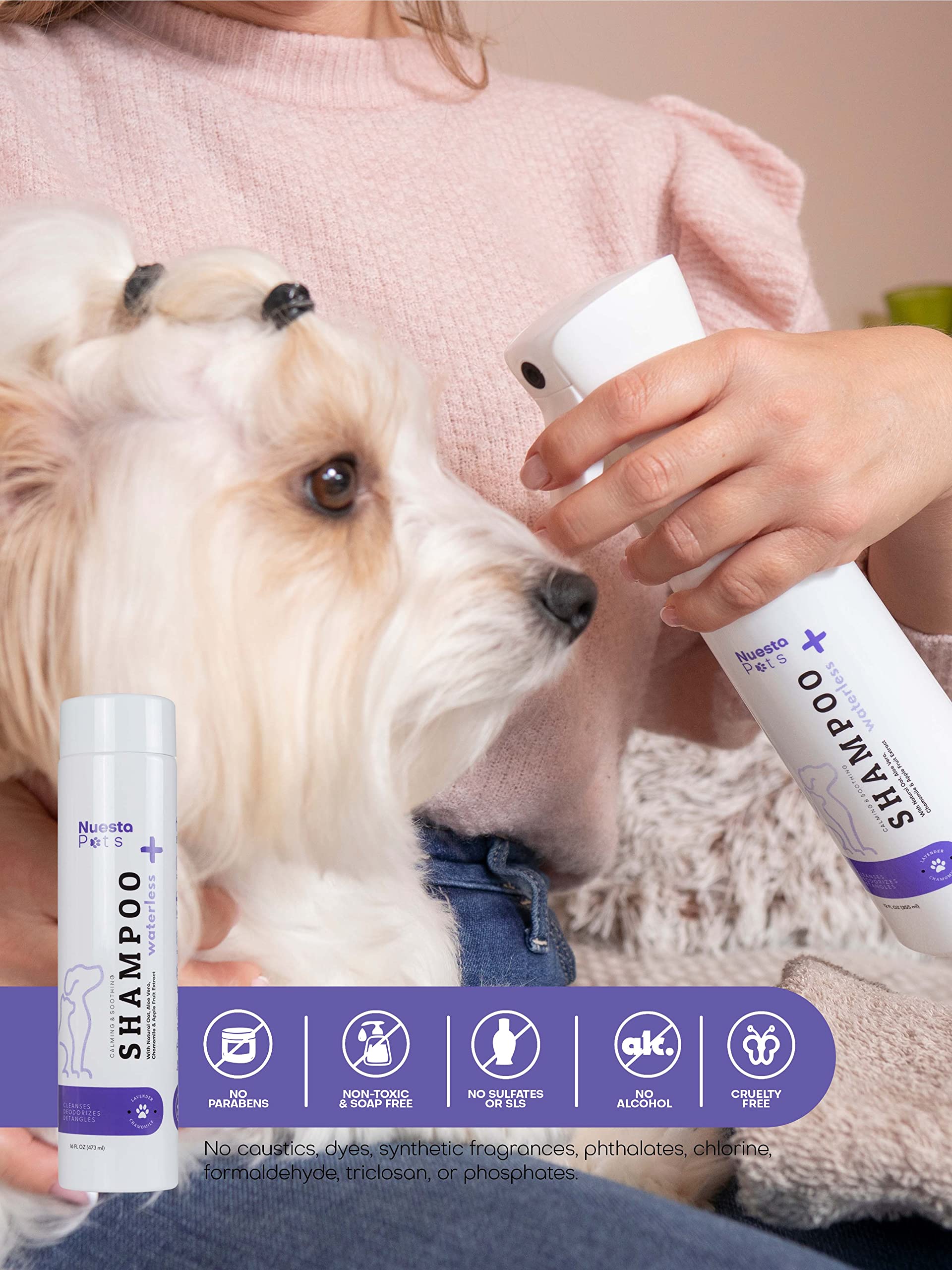Hypoallergenic Waterless Dog Shampoo for Sensitive Skin - Lavender & Chamomile No Rinse Pet Wash | 4-in-1 Formula Cleans, Moisturizes, Conditions & Deodorizes | Perfect for Travel, Post-Walk Freshening & Between Baths